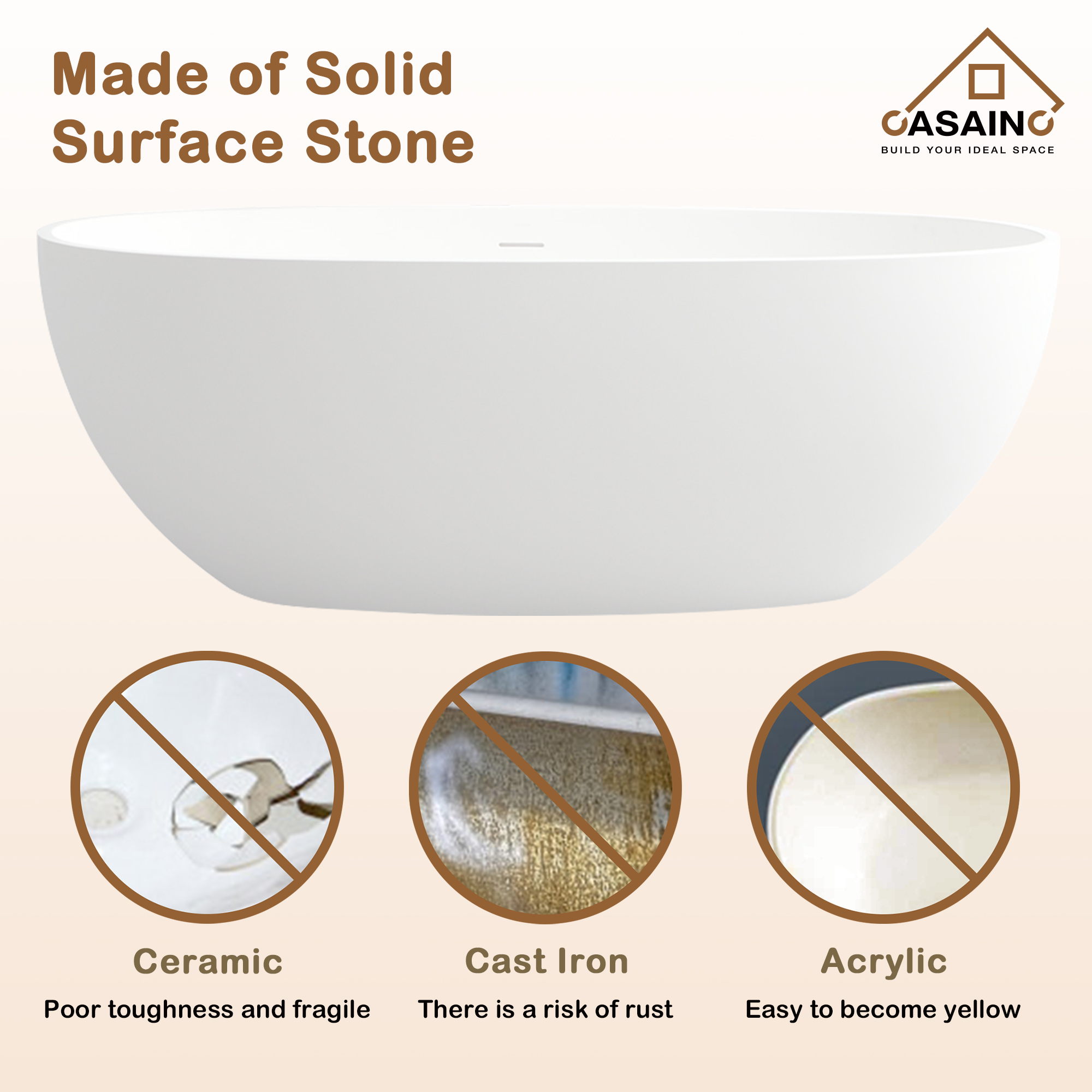 55 inches  Solid Surface Free-Standing Bathtub with Center  Drain in Matte White