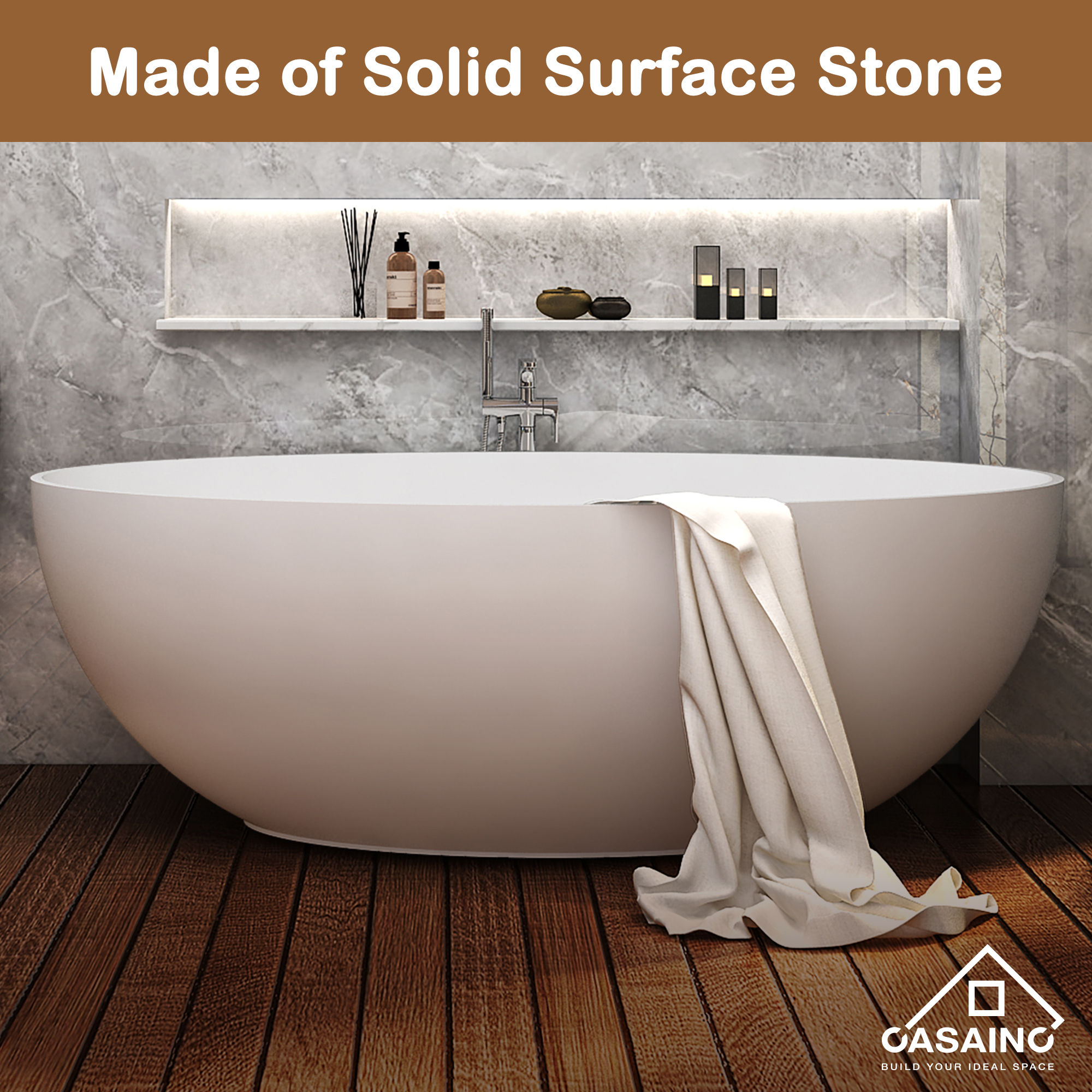 55 inches  Solid Surface Free-Standing Bathtub with Center  Drain in Matte White