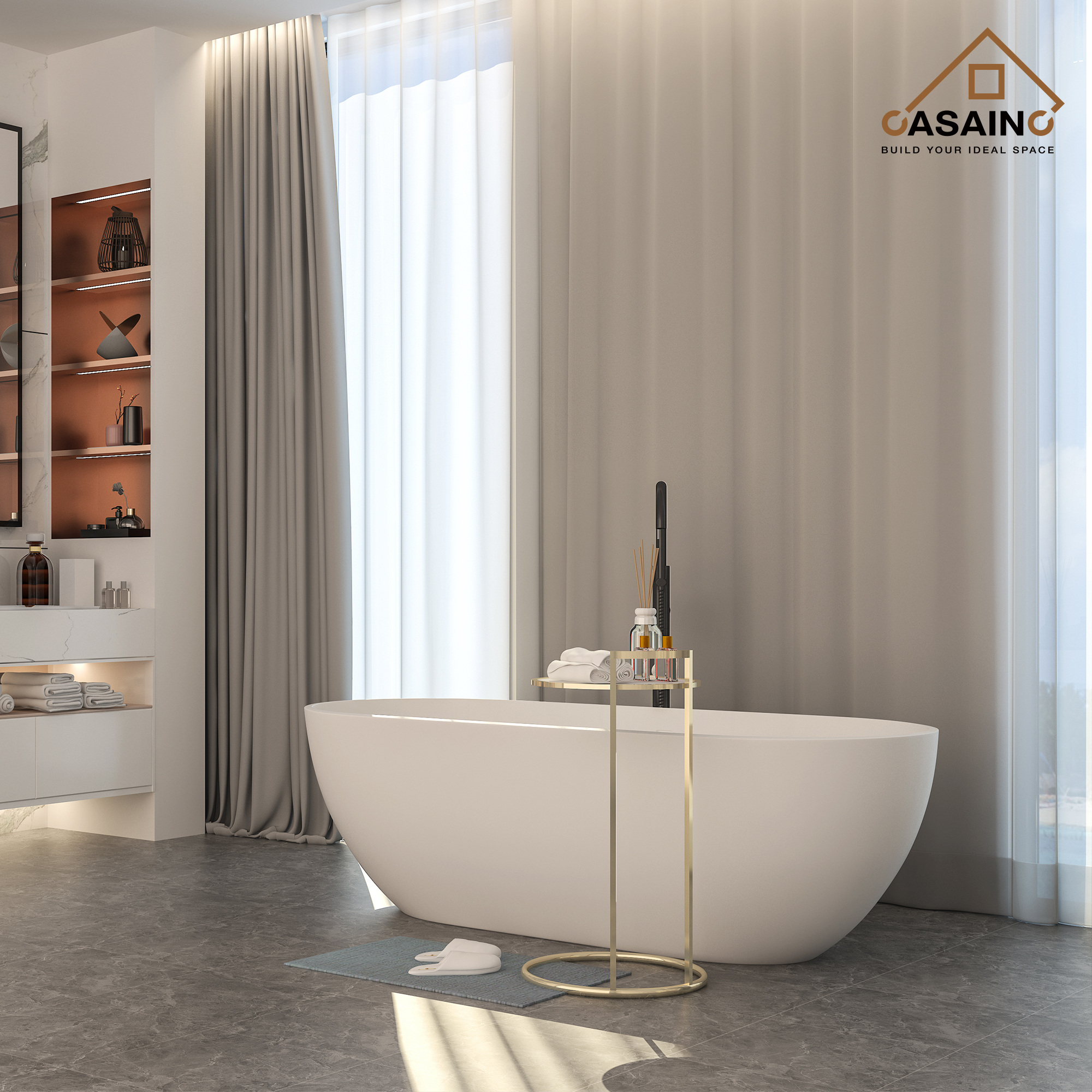 59 inches Solid Surface Free-Standing Bathtub with Center Drain in Matte White