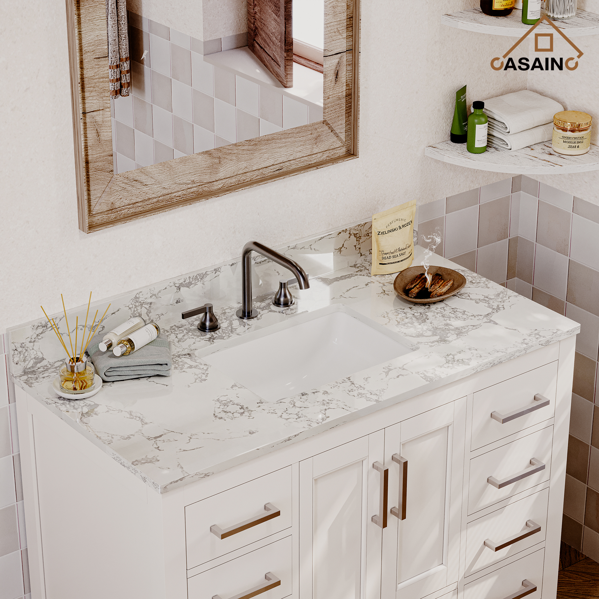 36 inch Single Solid Wood Bathroom Vanity Set, with Drawers, Carrara White Marble Top, 3 Faucet Hole, White, Size: Large