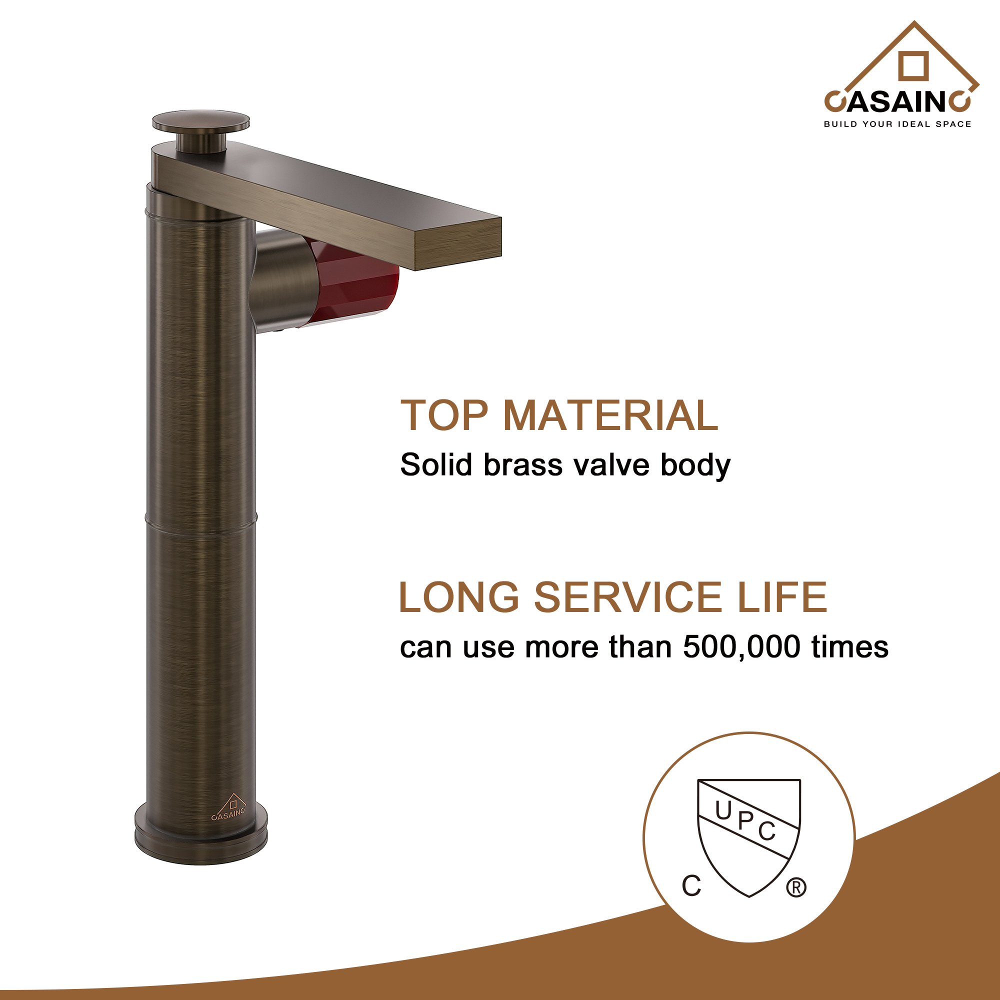 CASAINC 1.2GPM Spot-Free Single Glazed Handle Heightened Bathroom Vessel Sink Faucet with Pop-Up Drain, in Brown Bronze