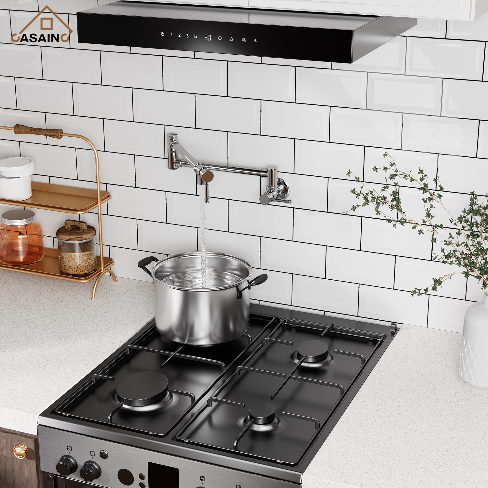 Space-Saving Wall-Mounted Pot Filler with Double Handles and Folding Design