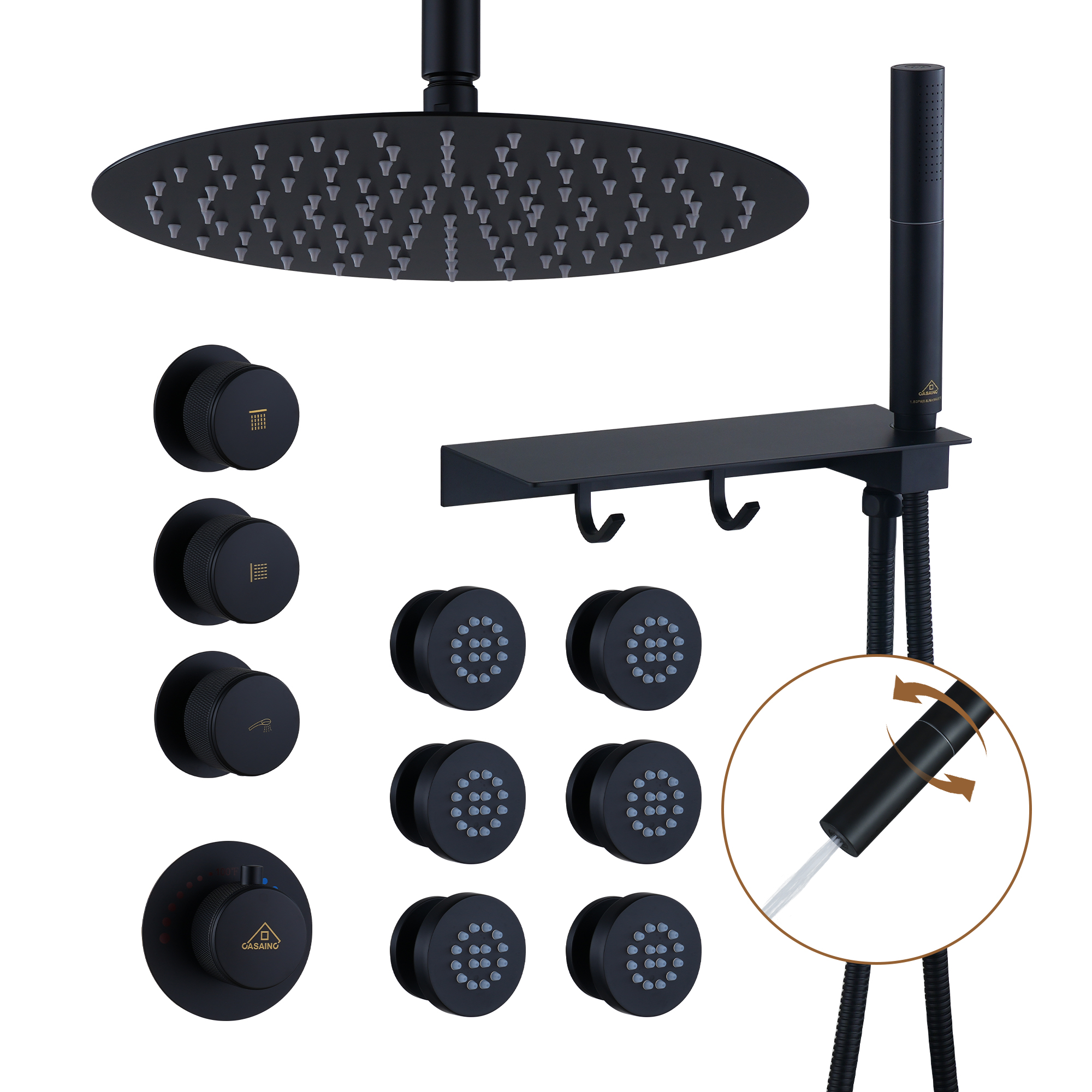 12" Shower System With Shelf, Handheld Shower With Spray Gun Feature