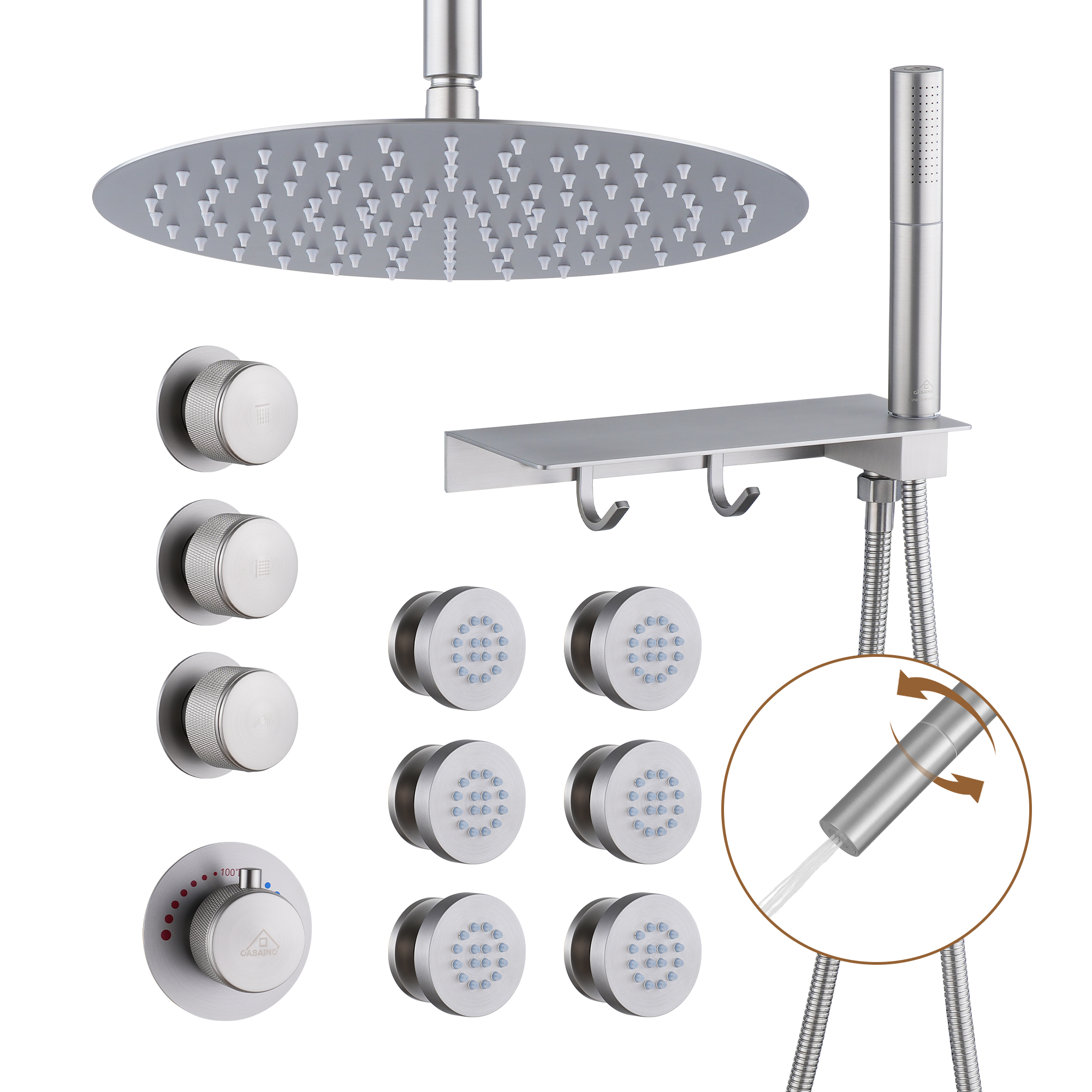 12" Shower System With Shelf, Handheld Shower With Spray Gun Feature