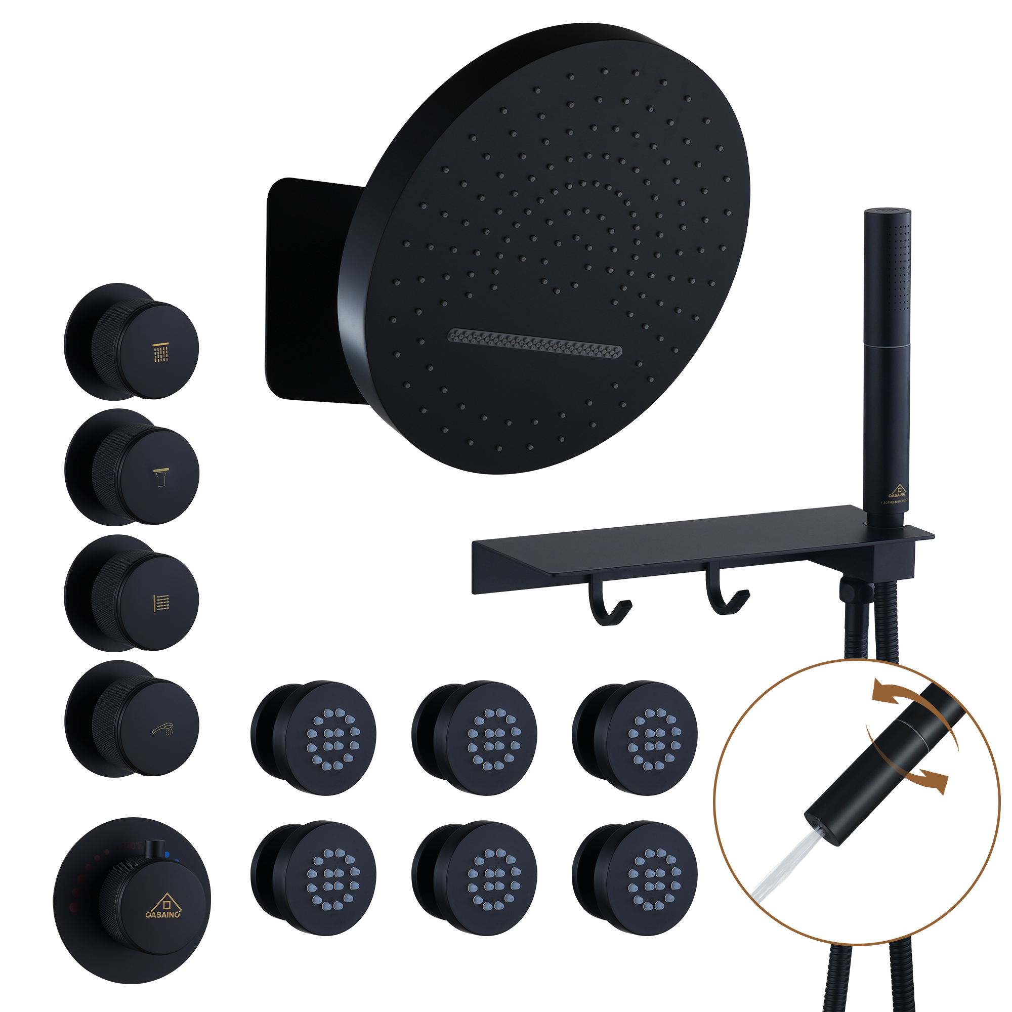 12" Adjustable Shower Head With Shelf Shower System, Hand Shower With Spray Gun Function