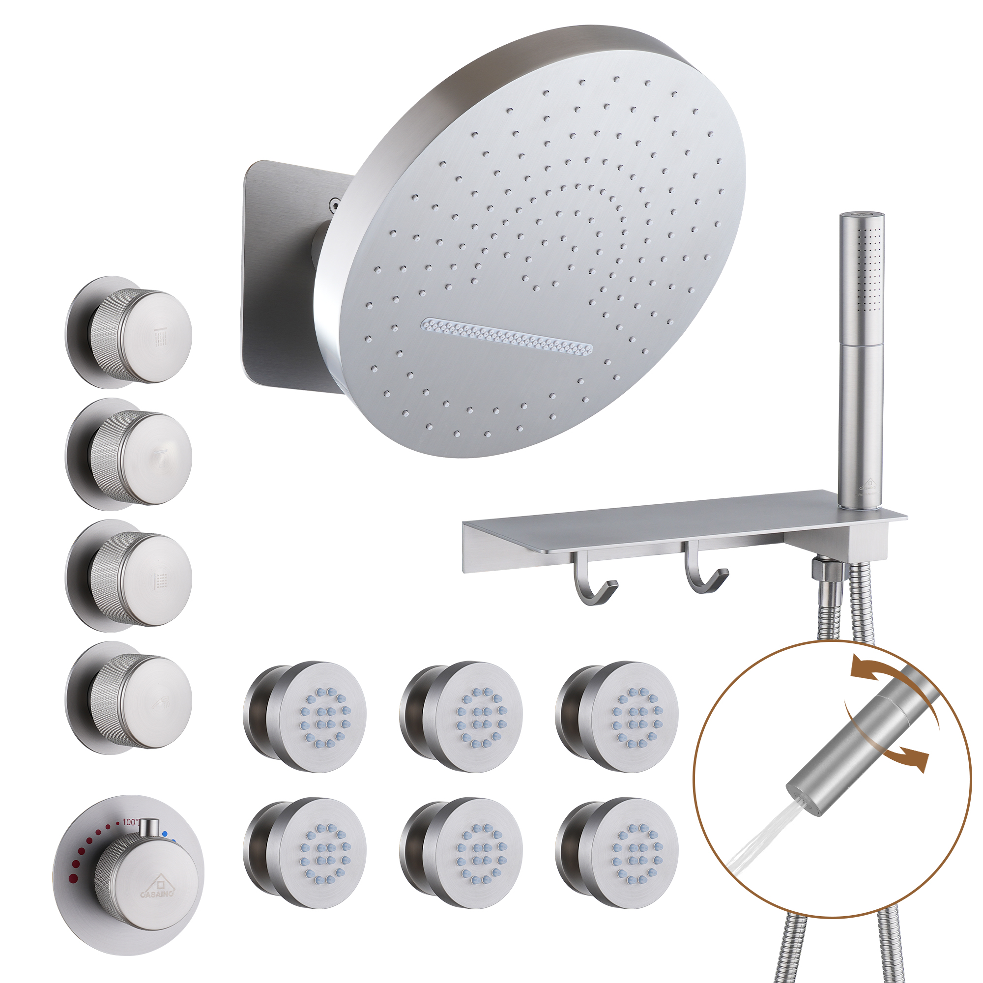 12" Adjustable Shower Head With Shelf Shower System, Hand Shower With Spray Gun Function
