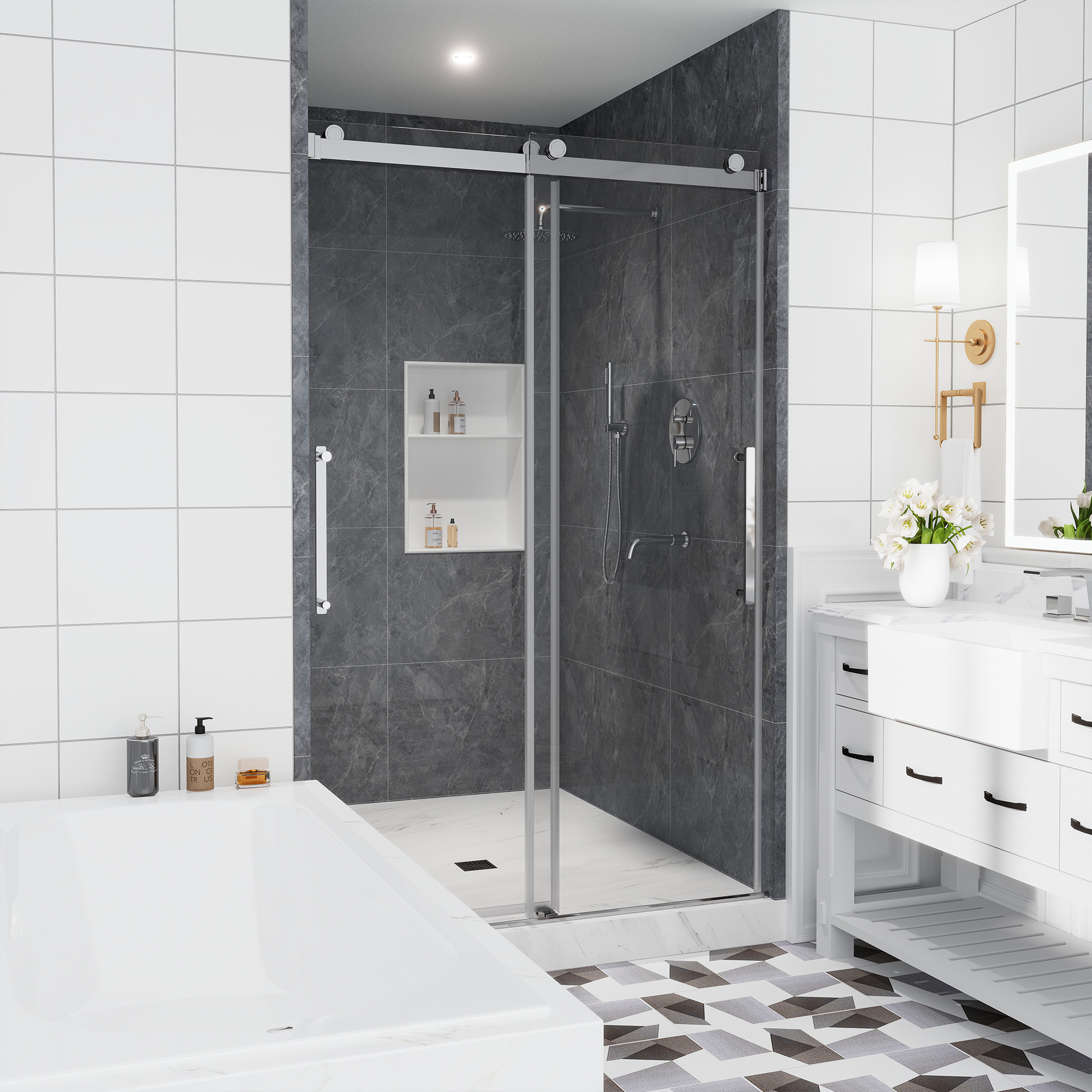 48"x76" Double Sliding Frameless Shower Door in Matte Black/Brushed Nickel/Chrome, Tempered Safety Glass and Reversible Installation