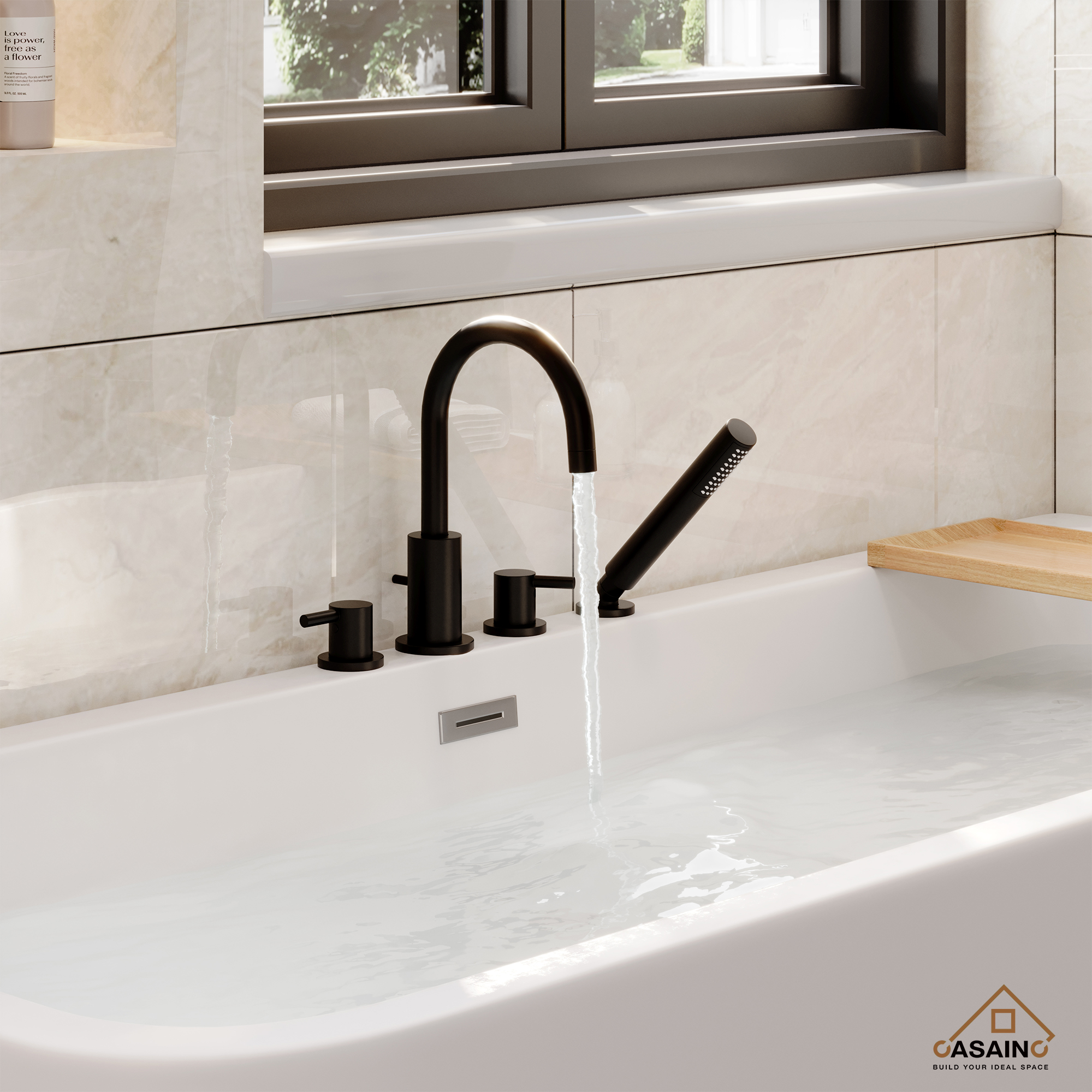 2-Handle Deck-Mount Roman Tub Faucet with Hand Shower in Matte Black