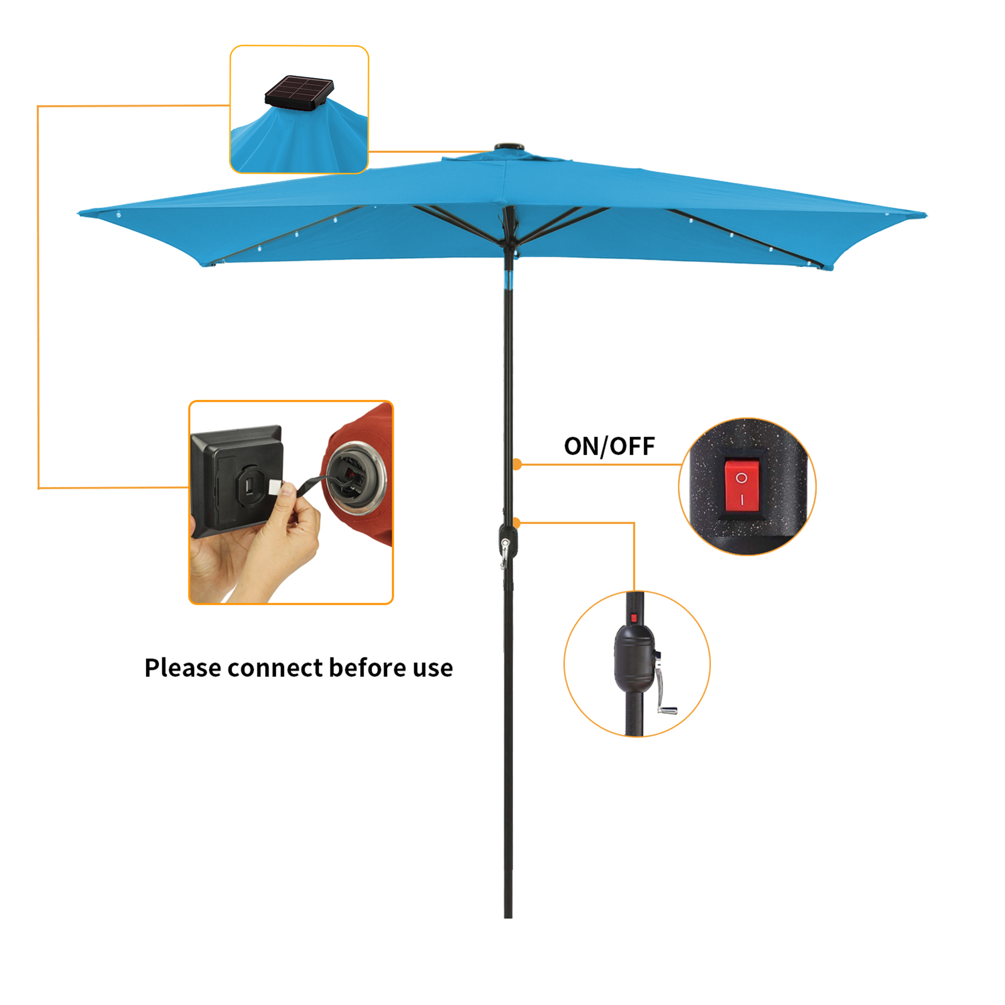 10Ft Outdoor Rectangular Umbrella with 26 Solar-Powered LED Lights, Crank and Tilt (Without Base)