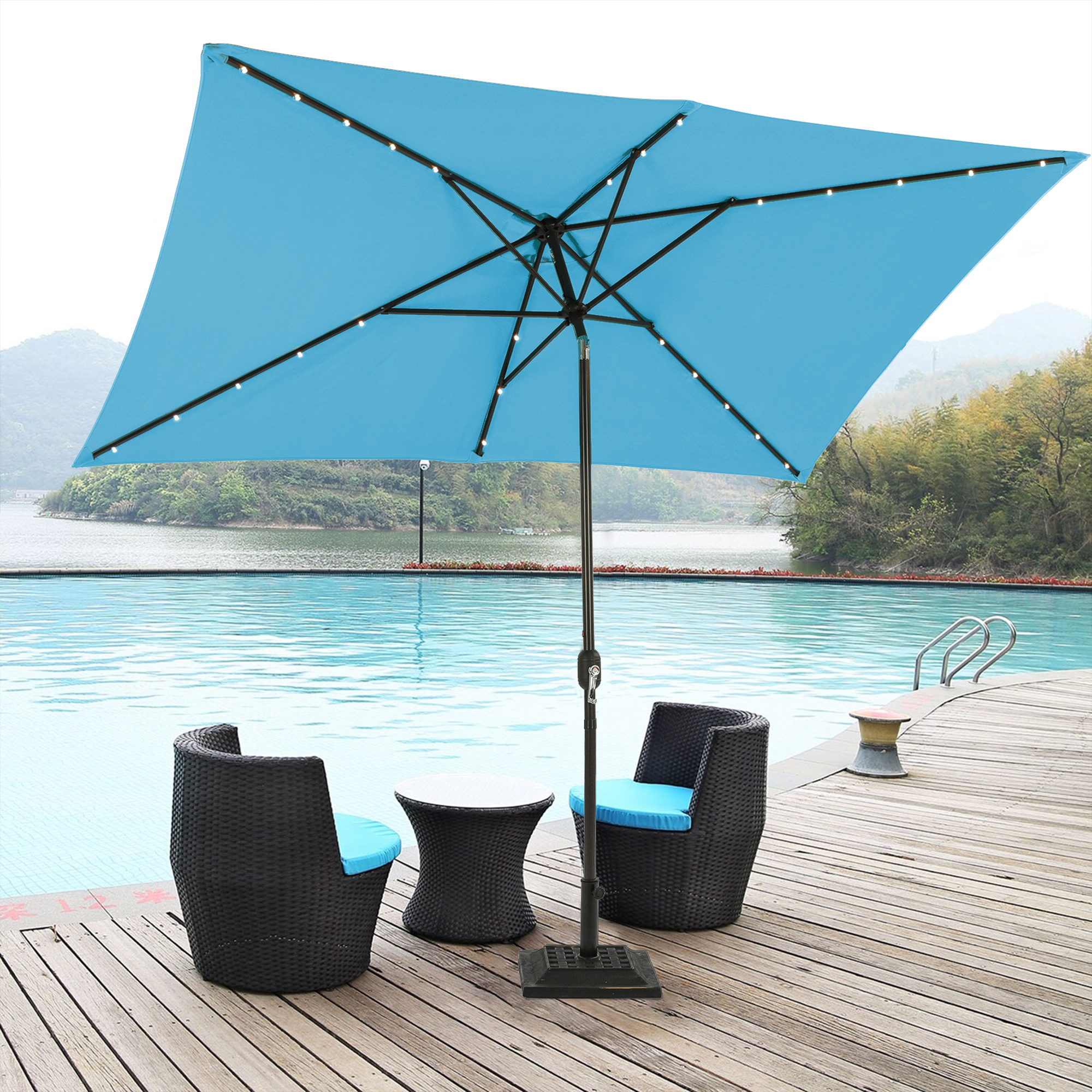 10Ft Outdoor Rectangular Umbrella with 26 Solar-Powered LED Lights, Crank and Tilt (Without Base)