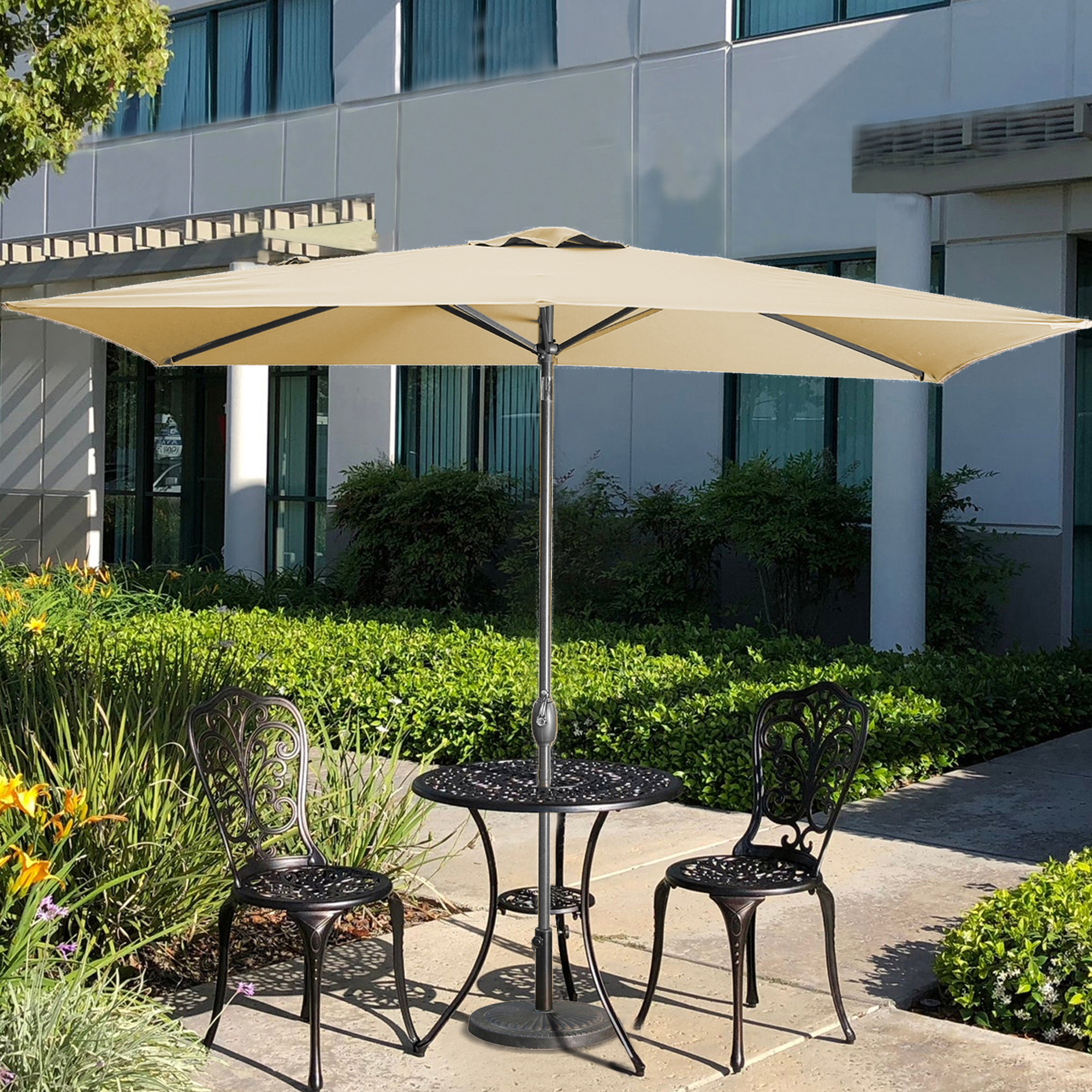 10Ft Outdoor Rectangular Umbrella with 26 Solar-Powered LED Lights, Crank and Tilt (Without Base)