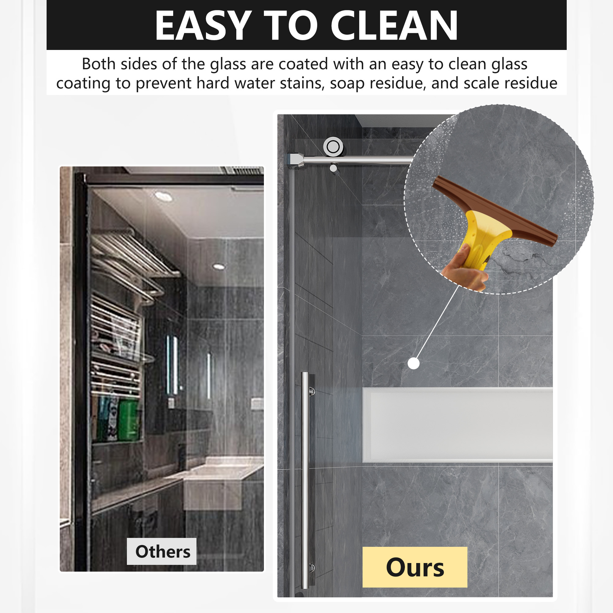 60"x76" Frameless Single Sliding  Shower Door with Two Stainless Steel Wheels