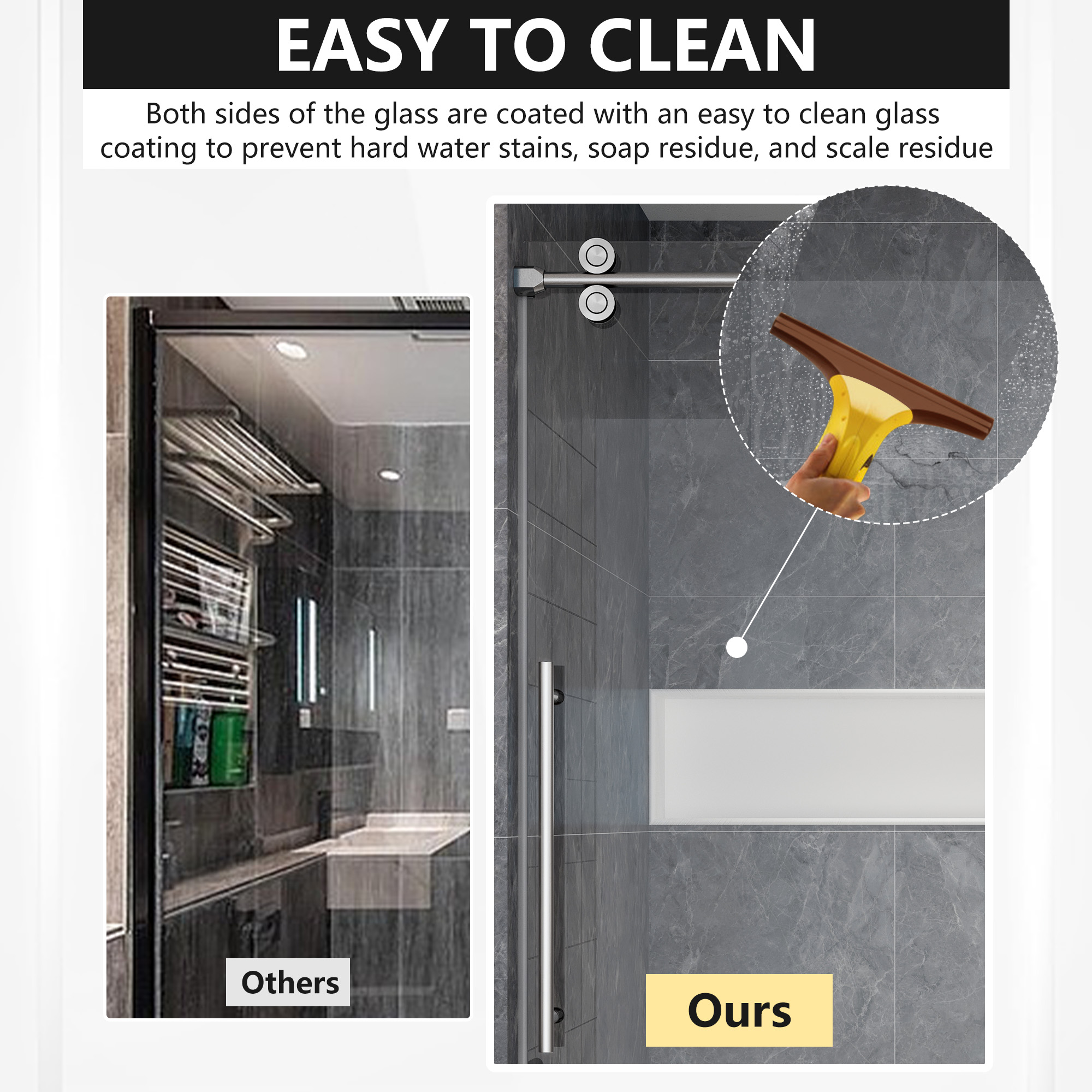 60"x76" Frameless Single Sliding  Shower Door with Four Smooth Rollers