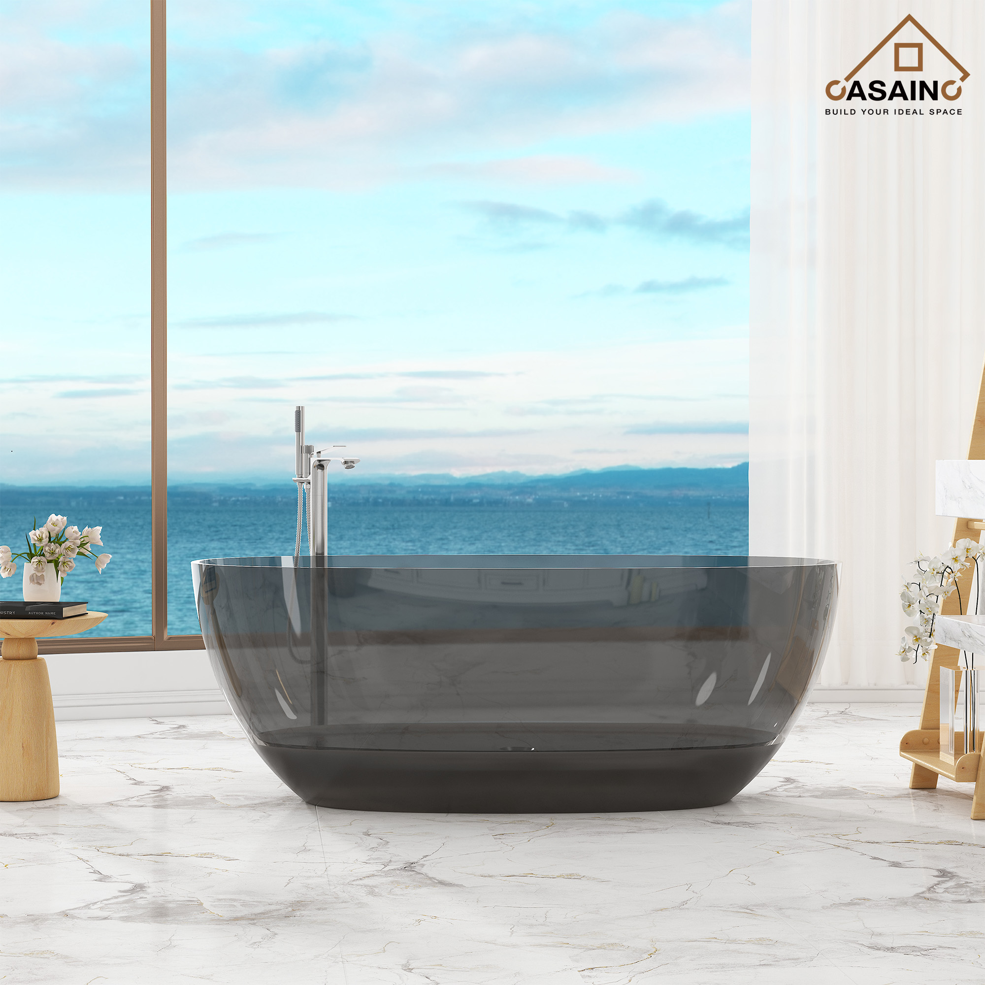 59"/67" Pure Resin Freestanding Transparent Bathtub with Center Drain