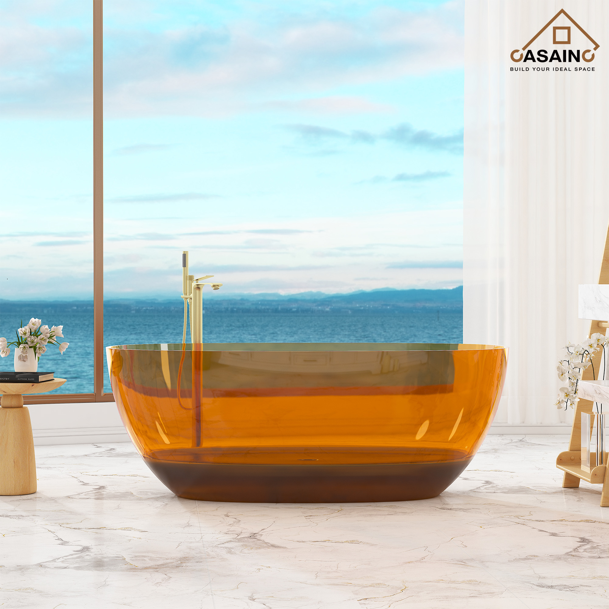 59"/67" Pure Resin Freestanding Transparent Bathtub with Center Drain