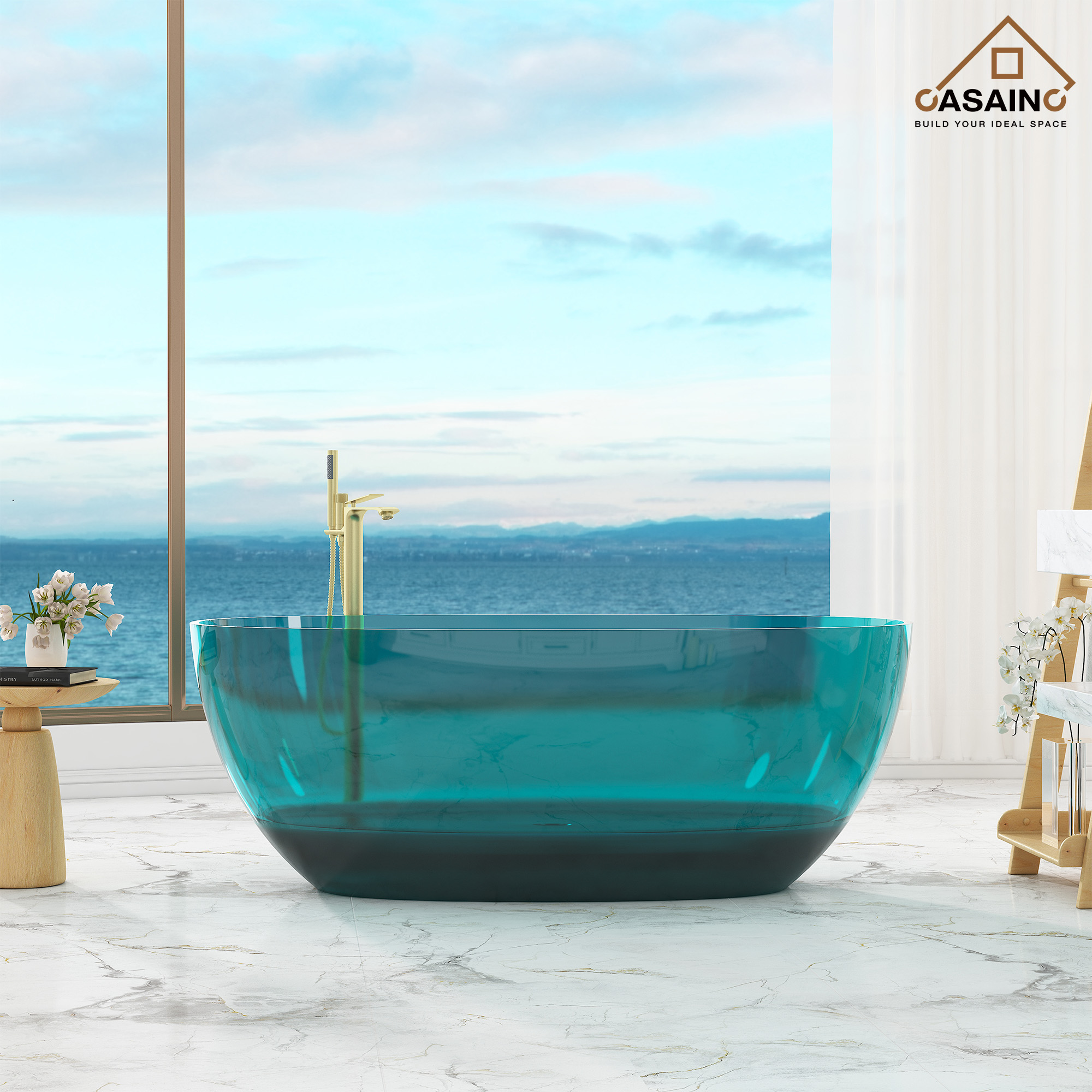 59"/67" Pure Resin Freestanding Transparent Bathtub with Center Drain