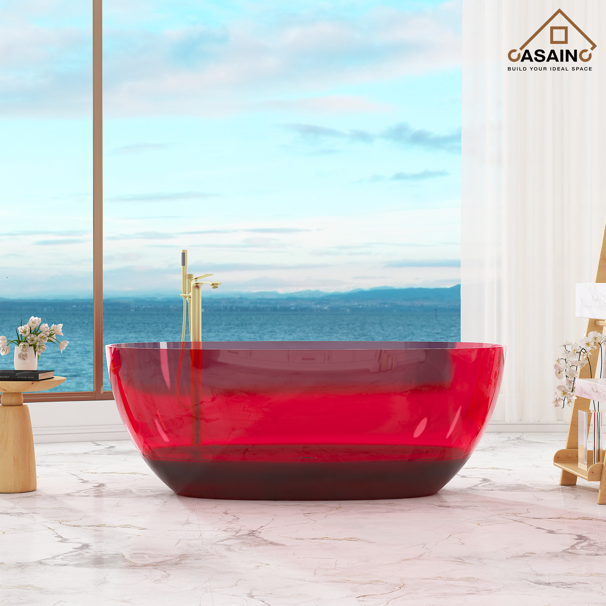 59"/67" Pure Resin Freestanding Transparent Bathtub with Center Drain