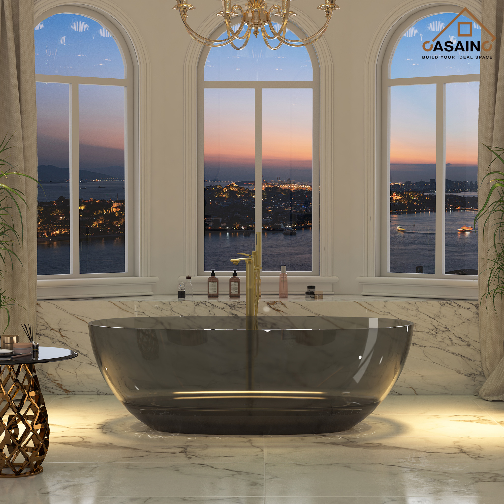 59"/67" Pure Resin Freestanding Transparent Bathtub with Center Drain