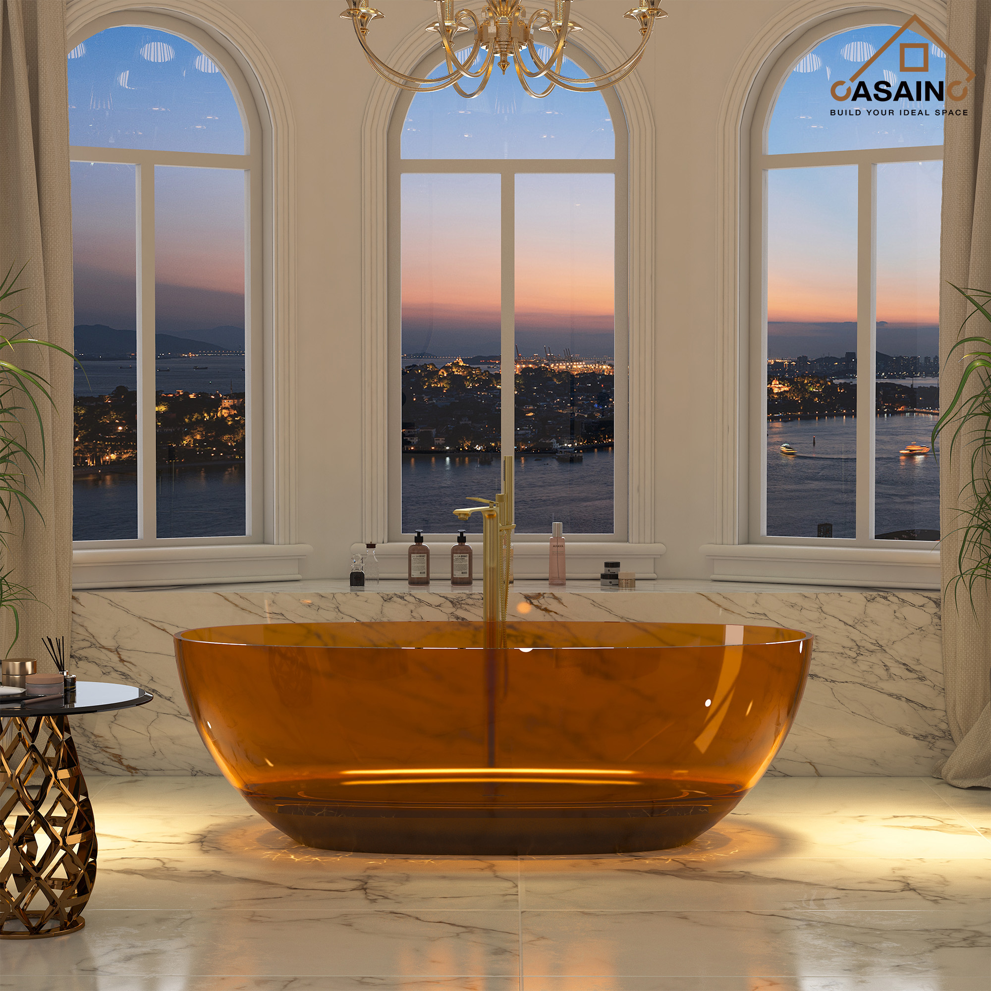 59"/67" Pure Resin Freestanding Transparent Bathtub with Center Drain