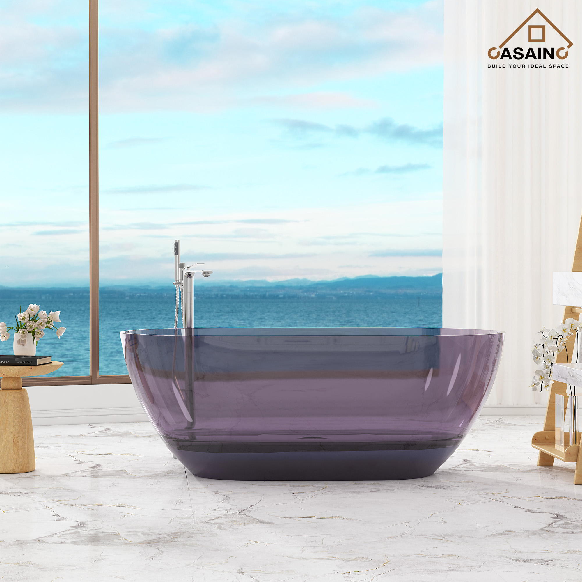 59"/69" Transparent Resin Freestanding Bathtub with Excellent Heat Retention