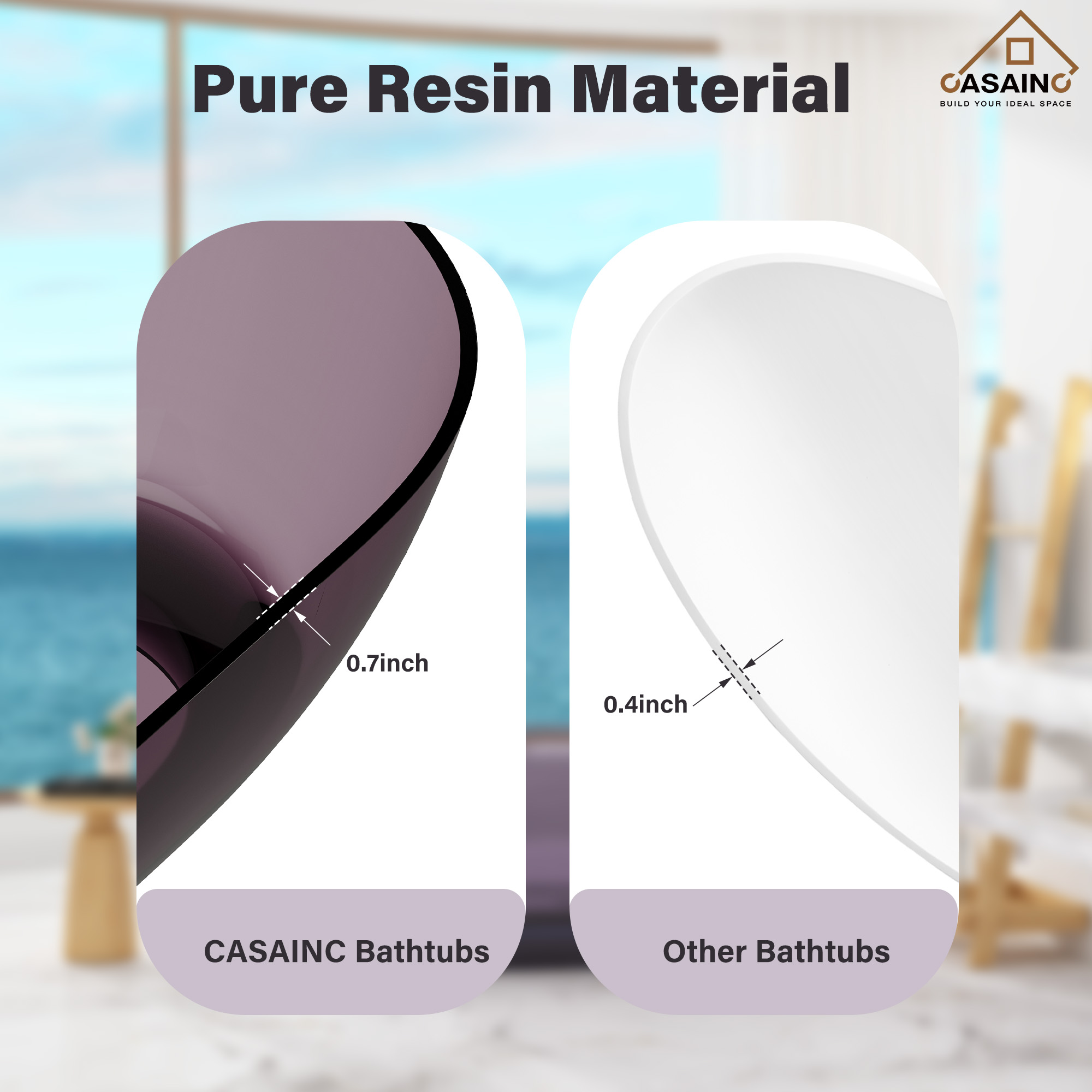 59"/69" Transparent Resin Freestanding Bathtub with Excellent Heat Retention