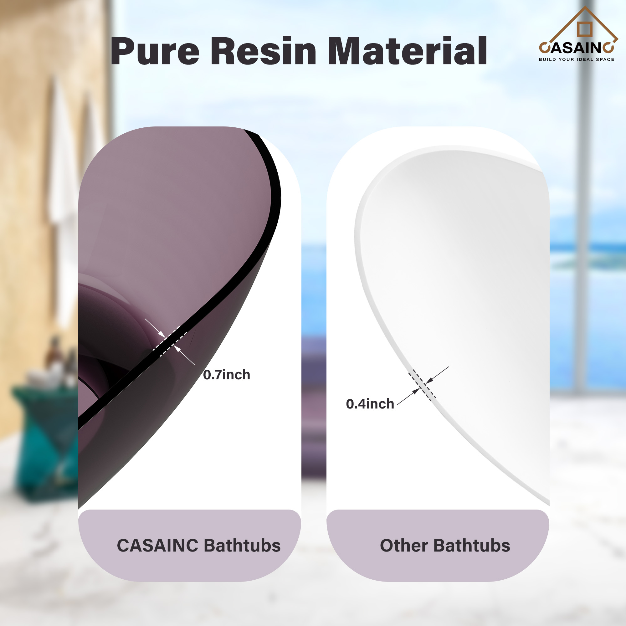 59"/69" Transparent Resin Freestanding Bathtub with Excellent Heat Retention