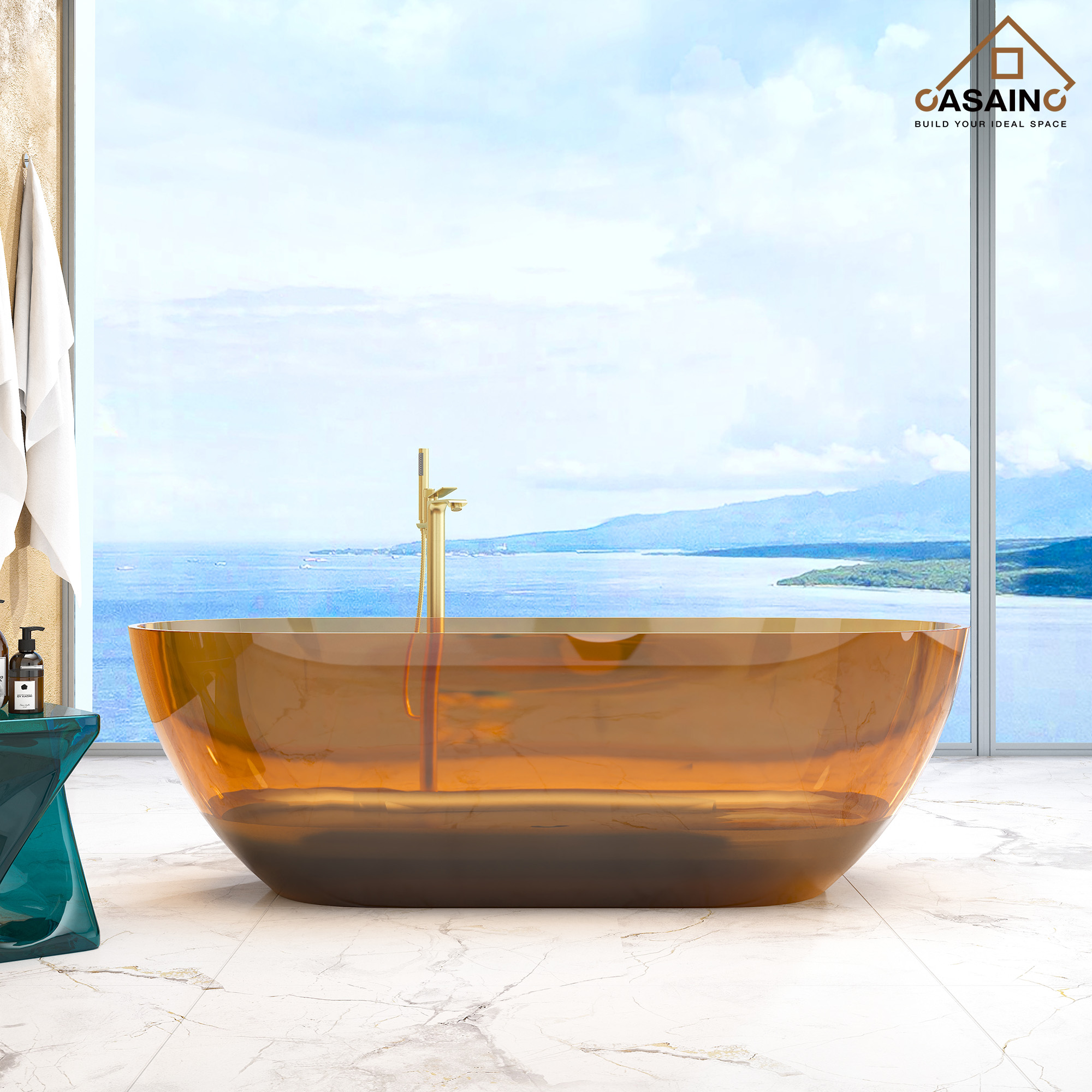 59"/69" Transparent Resin Freestanding Bathtub with Excellent Heat Retention