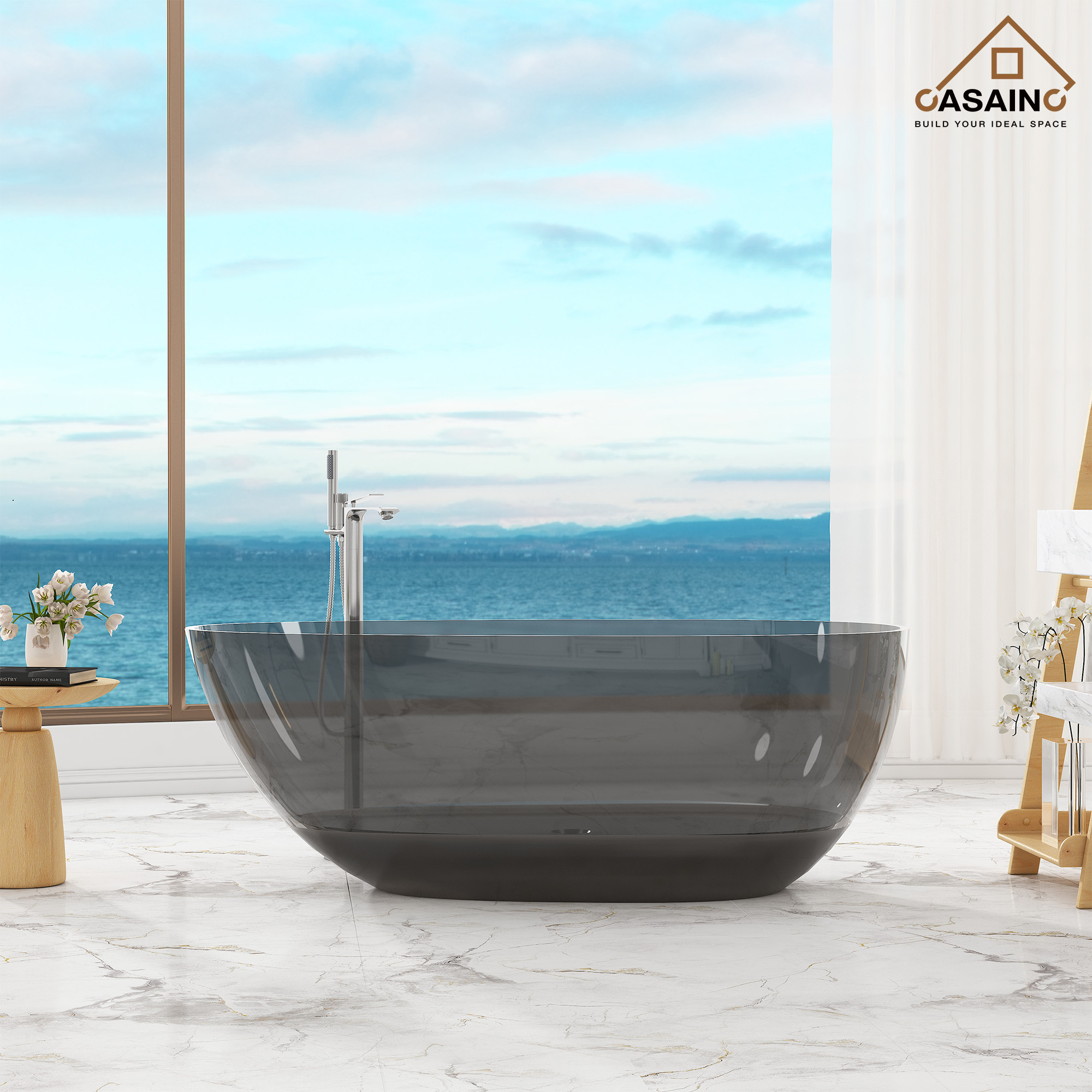 59"/67" Egg-Shaped Transparent Pure Resin Adult Freestanding Bathtub