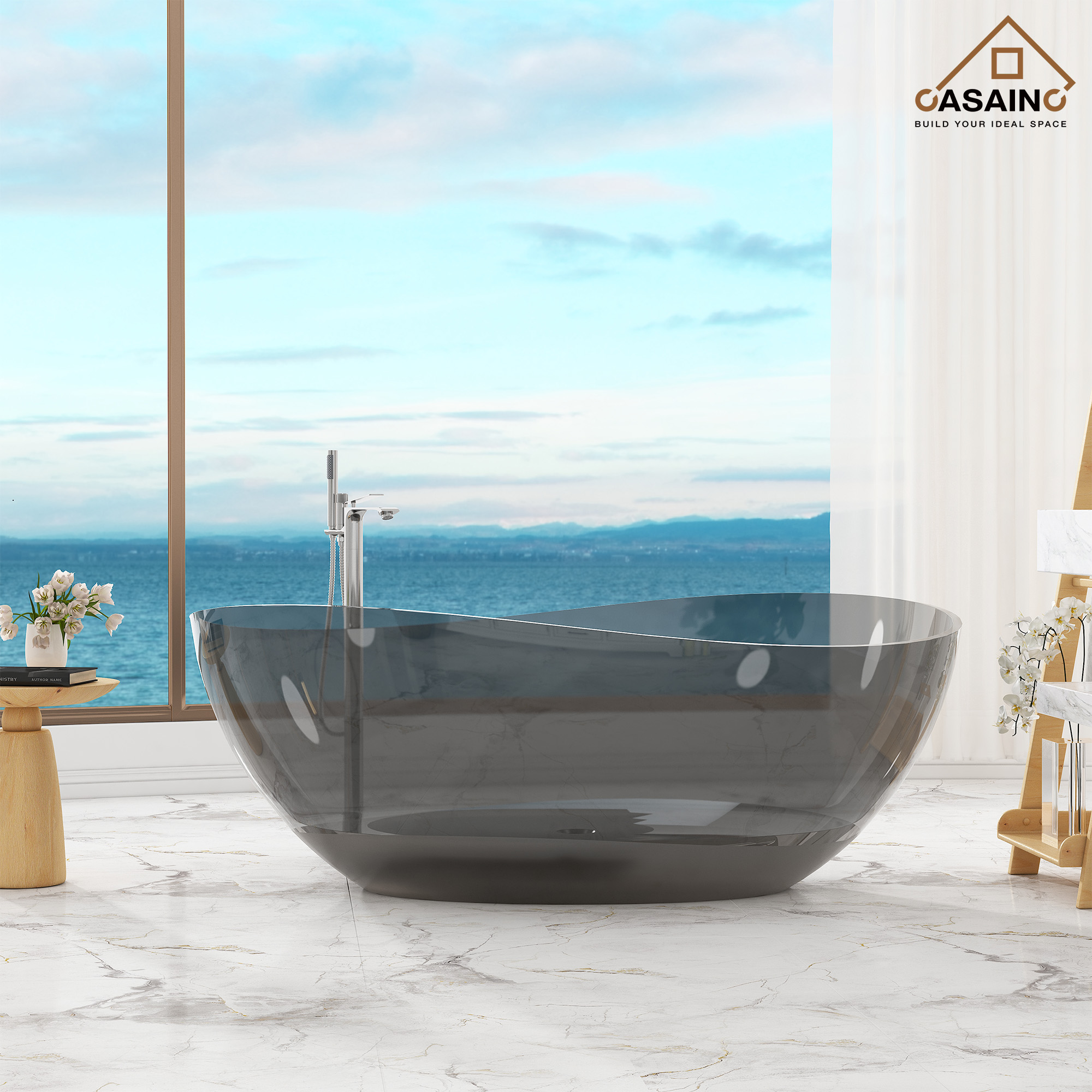 63" Unique Shaped Transparent Resin Freestanding Bathtub with Central Drain