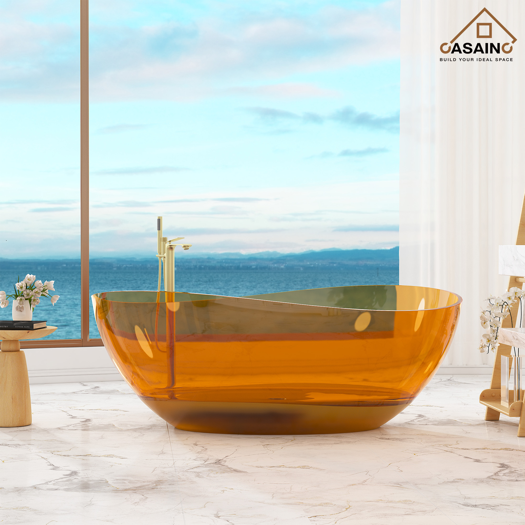 63" Unique Shaped Transparent Resin Freestanding Bathtub with Central Drain