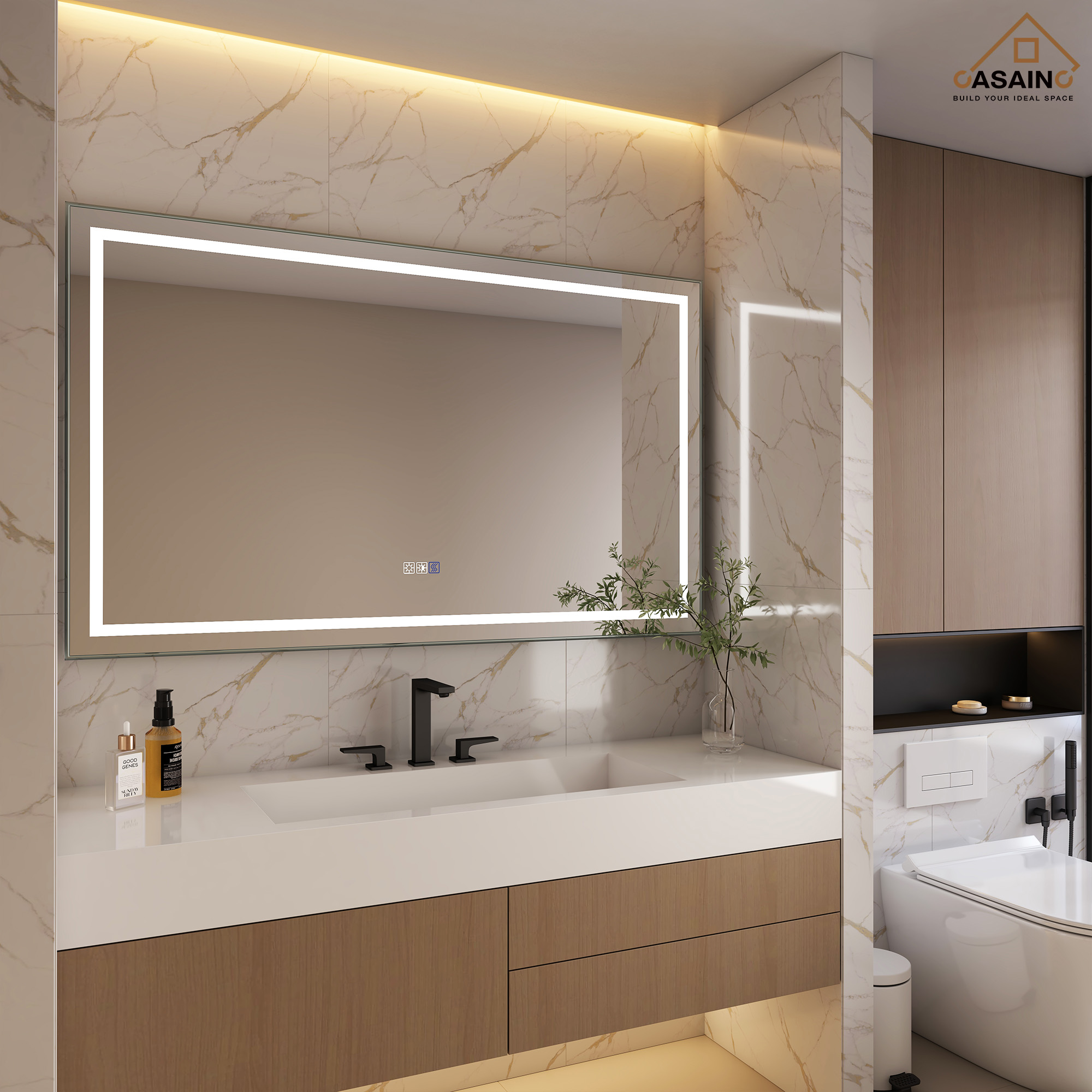Frameless Rectangular LED Bathroom Mirror with Anti-Fog, Shatter-Proof