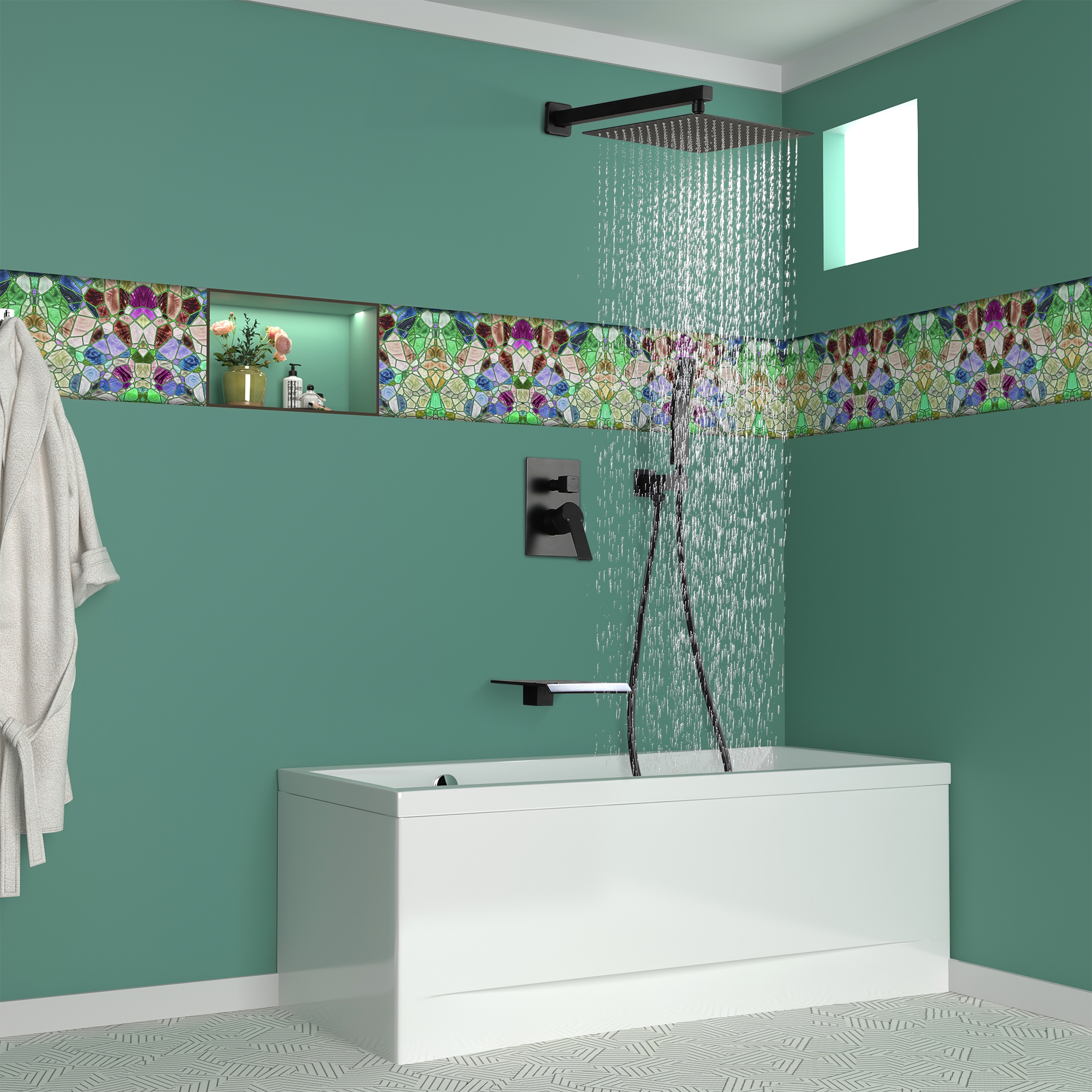 12" Wall-Mount Shower System with Tub Spout in Matte Black