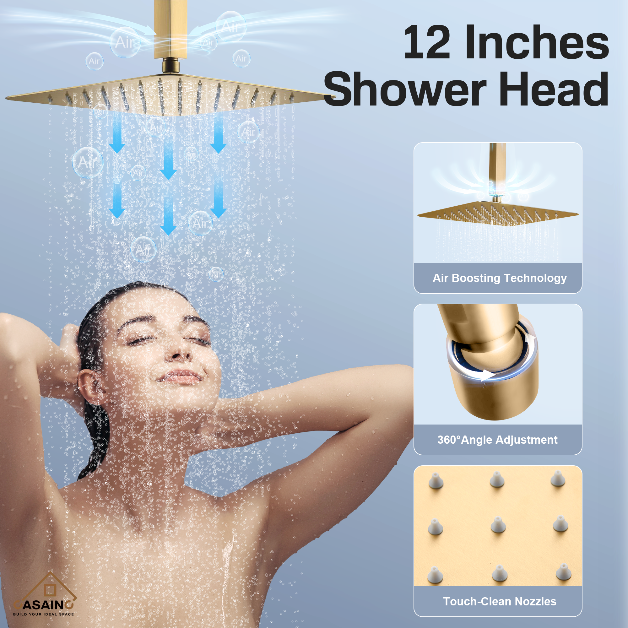 12" Ceiling Mount Rain Shower System with Handheld and Body Jets