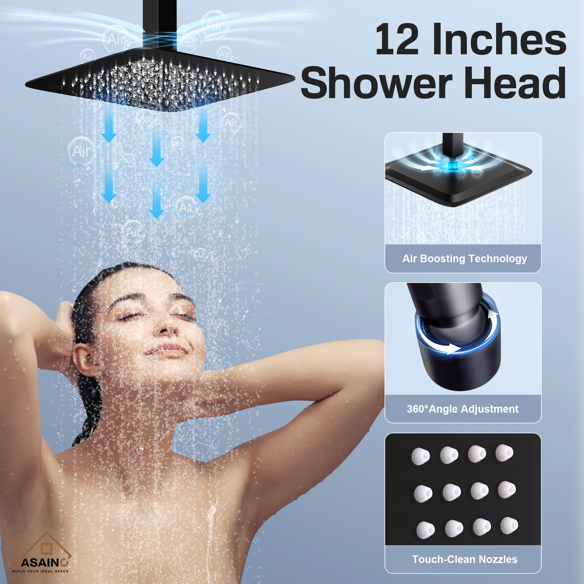 12" Ceiling Mount Rain Shower System with Handheld and Body Jets