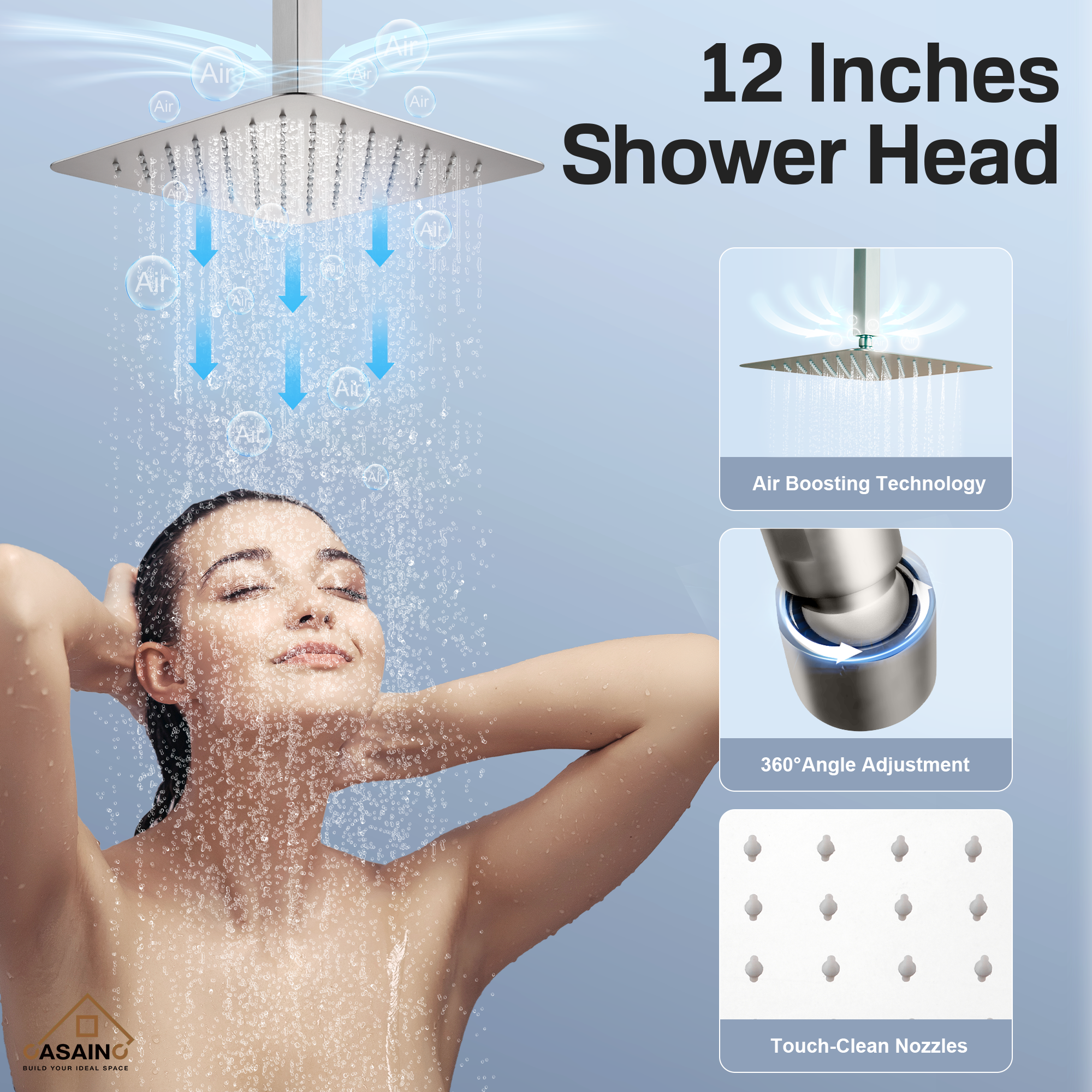 12" Ceiling Mount Rain Shower System with Handheld and Body Jets