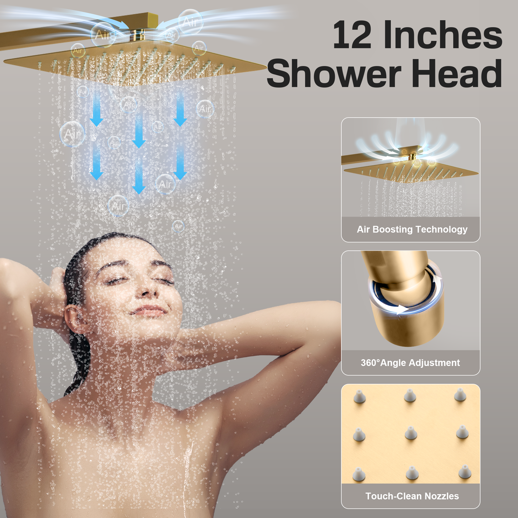 12" Thermostatic Shower System with Rainfall Showerhead & 6 Body Jets
