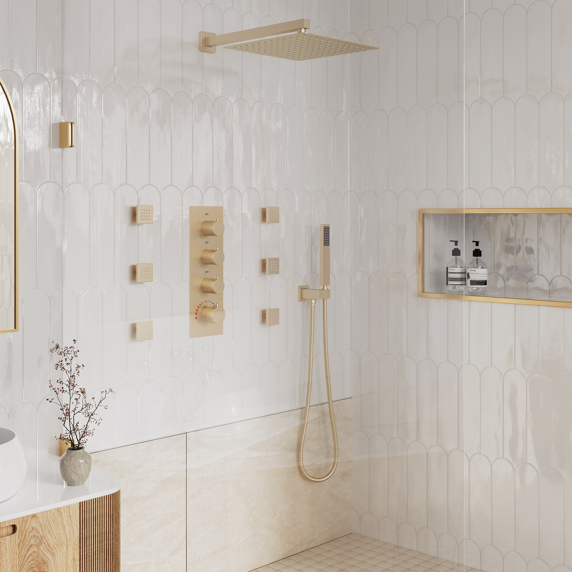 12" Thermostatic Shower System with Rainfall Showerhead & 6 Body Jets