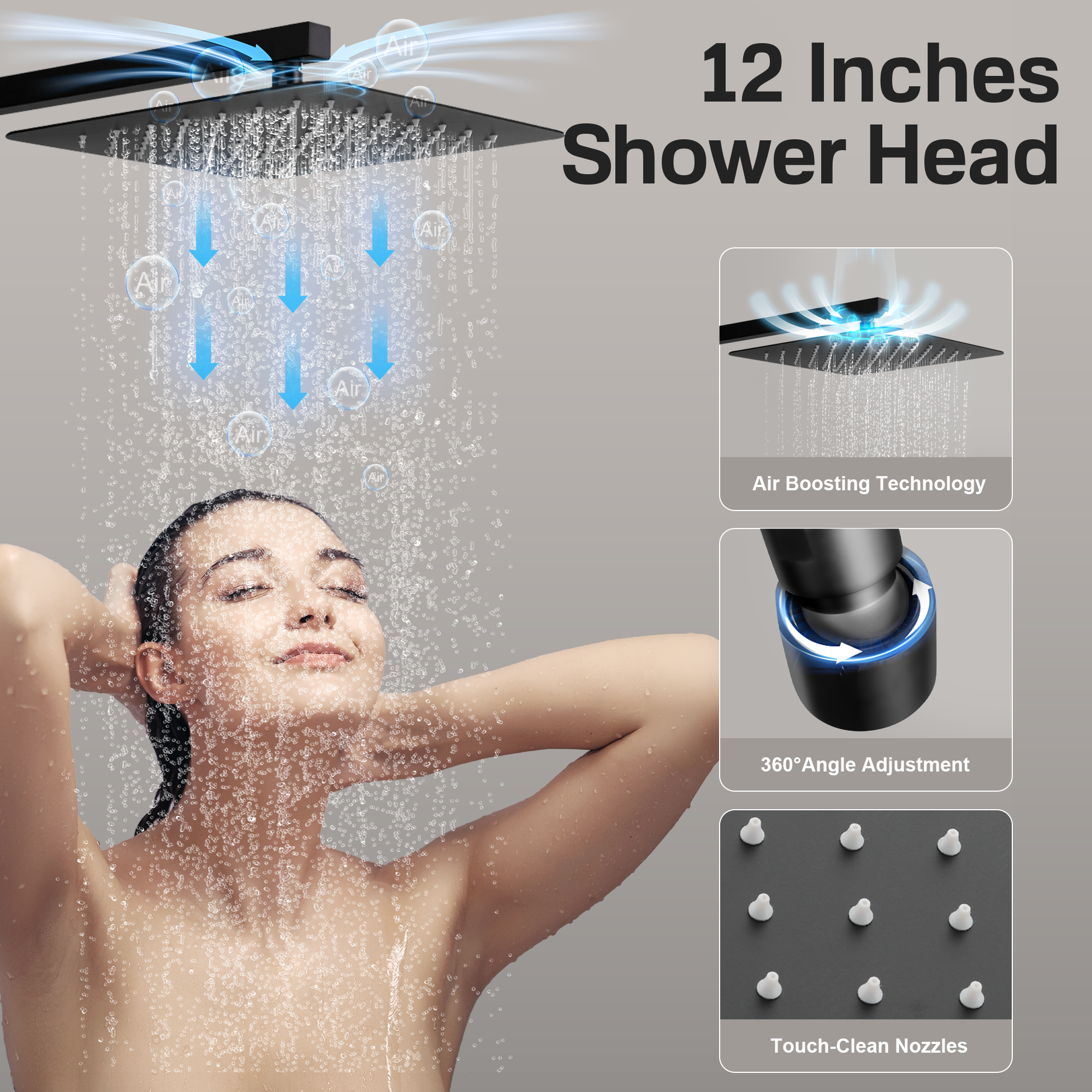 12" Thermostatic Shower System with Rainfall Showerhead & 6 Body Jets