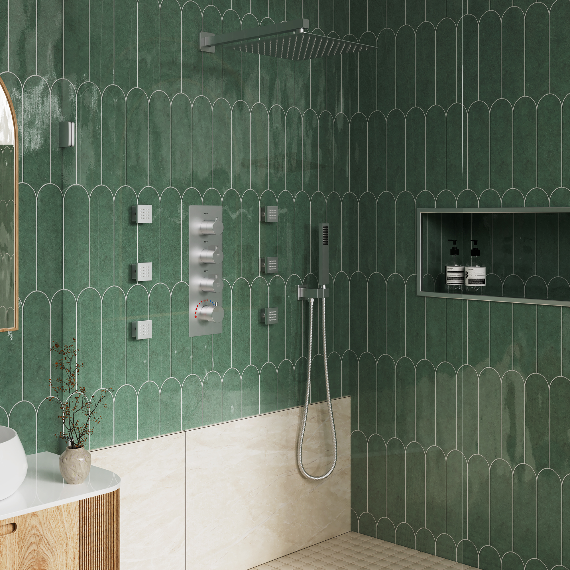 12" Thermostatic Shower System with Rainfall Showerhead & 6 Body Jets