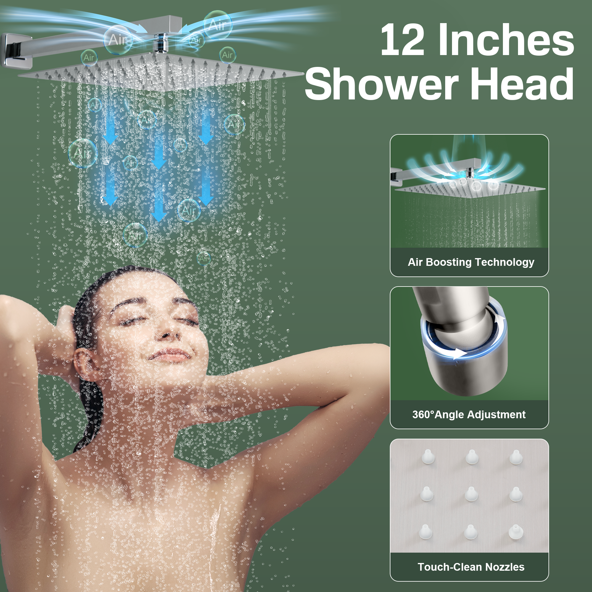 12" Thermostatic Shower System with Rainfall Showerhead & 6 Body Jets