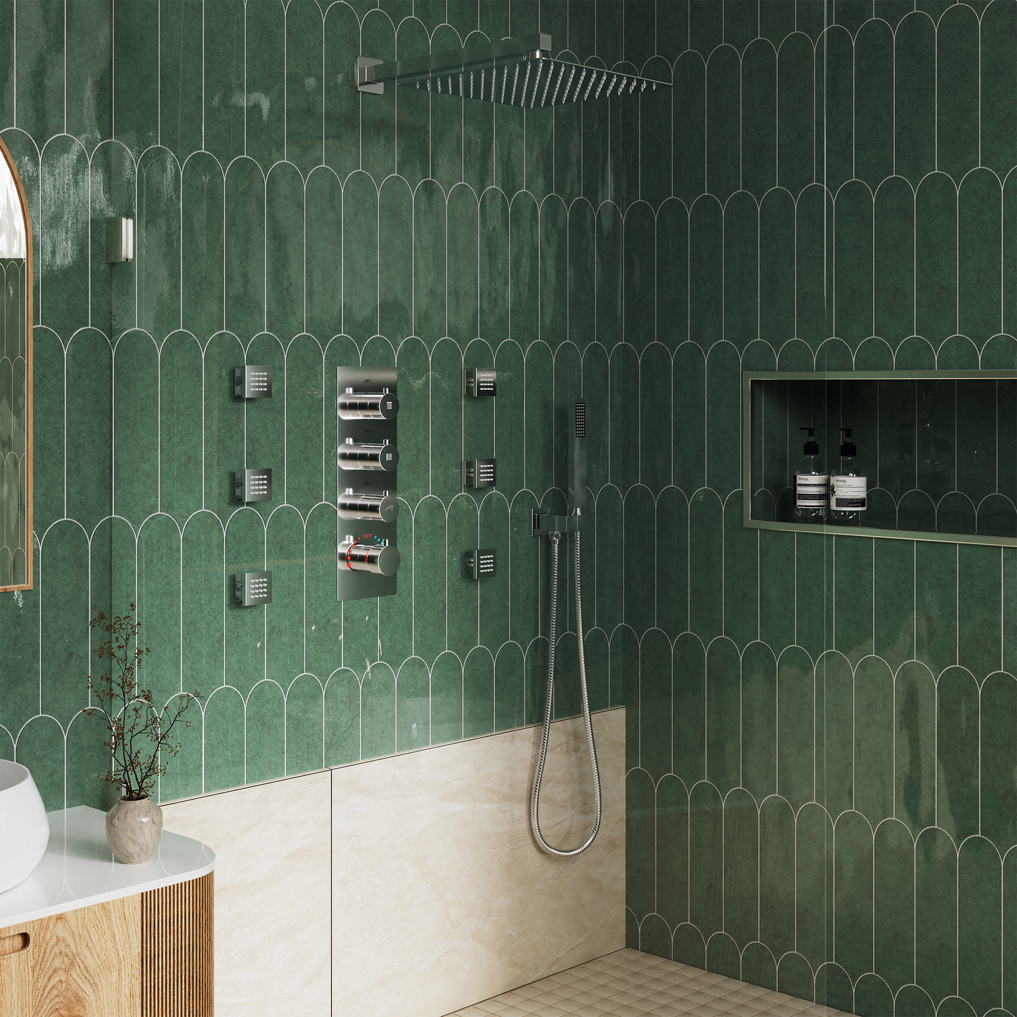 12" Thermostatic Shower System with Rainfall Showerhead & 6 Body Jets