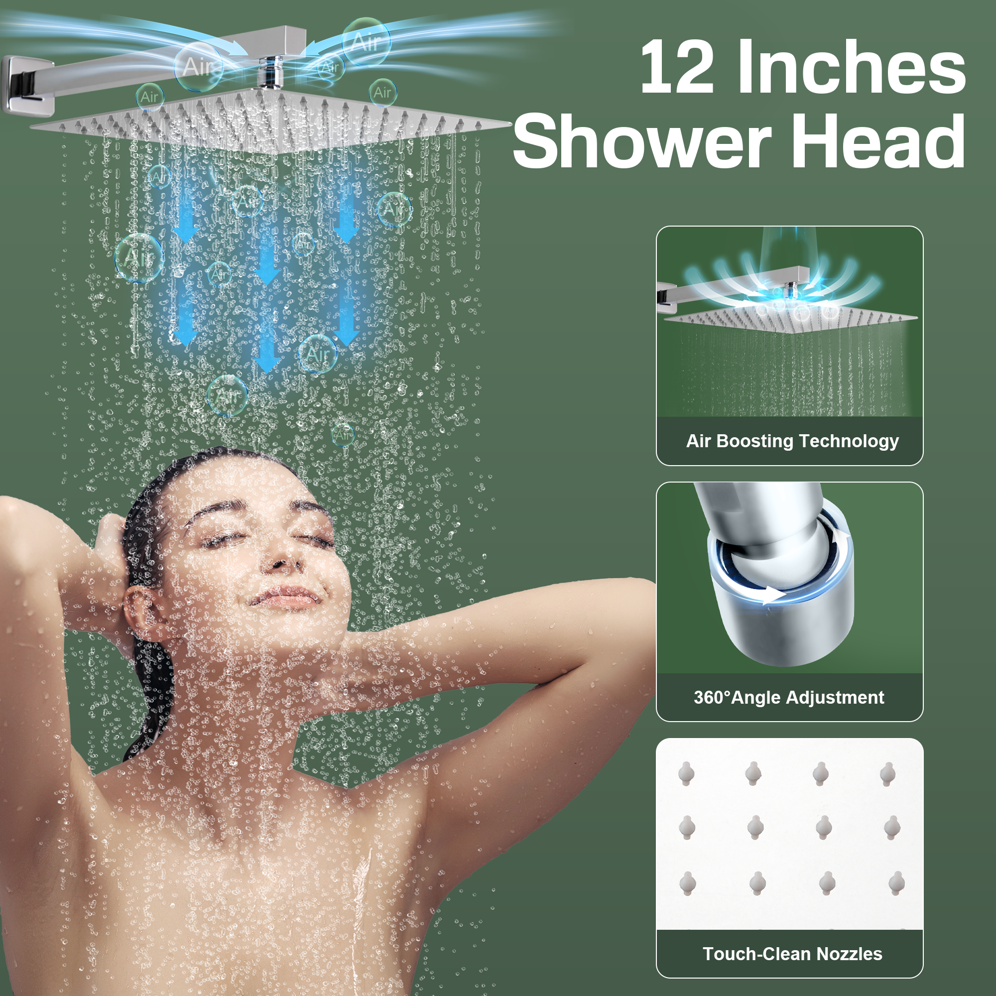 12" Thermostatic Shower System with Rainfall Showerhead & 6 Body Jets