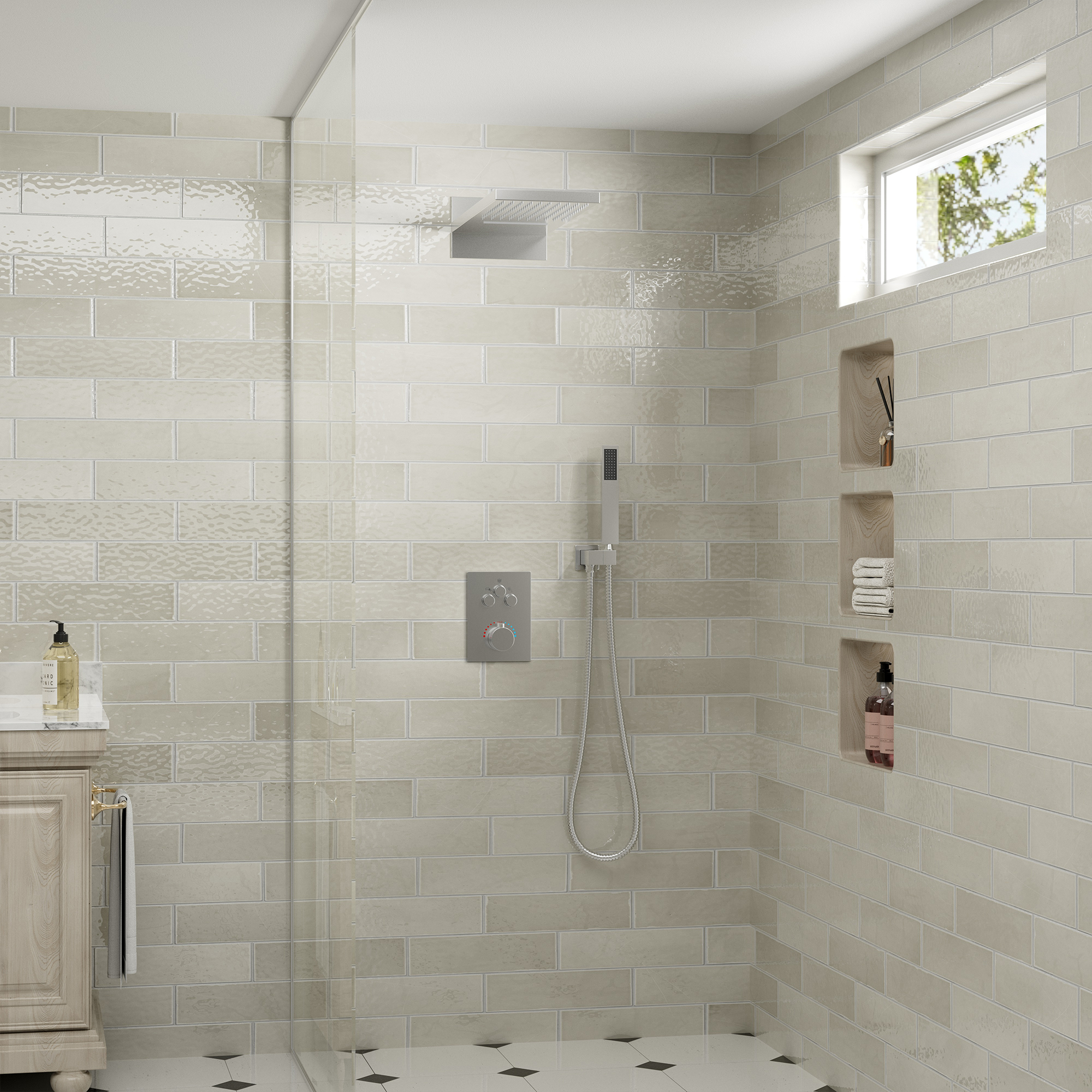 22" Thermostatic Shower System with Rainfall and Waterfall Shower Head