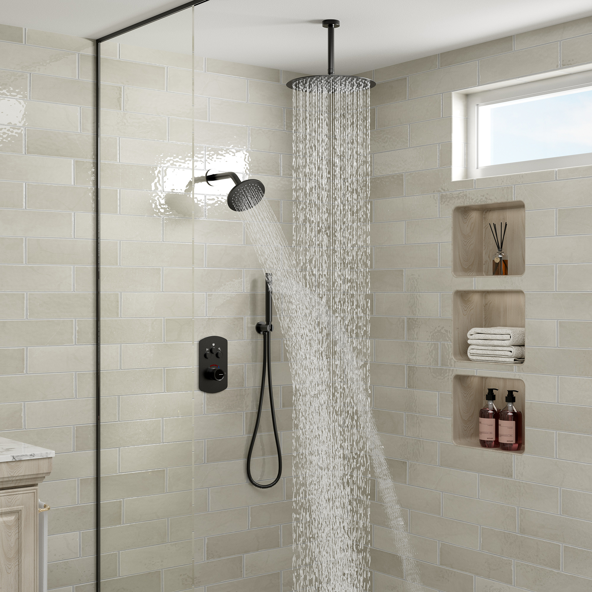 3-Function Shower System with Dual Showerheads and Balancing Valve