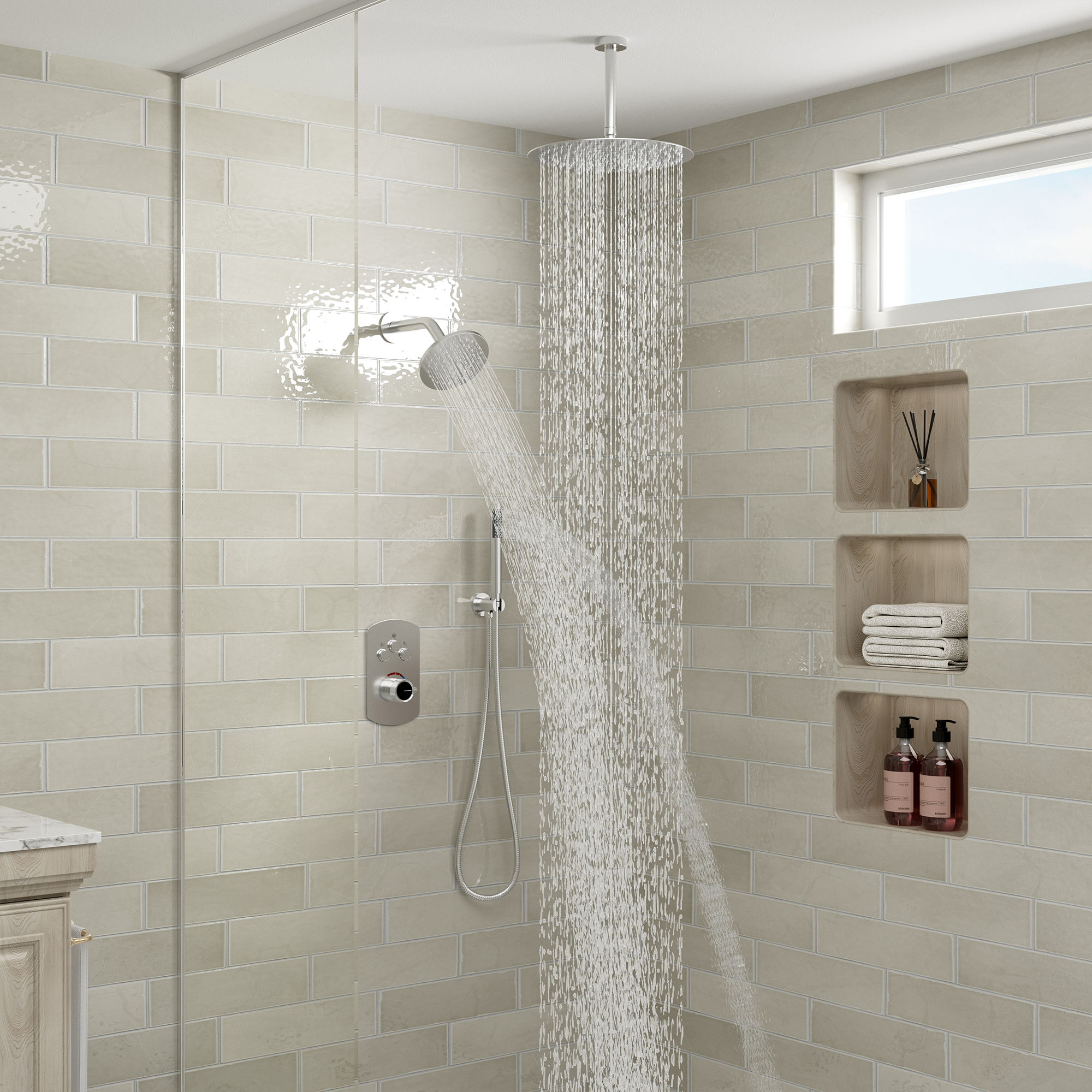 3-Function Shower System with Dual Showerheads and Balancing Valve