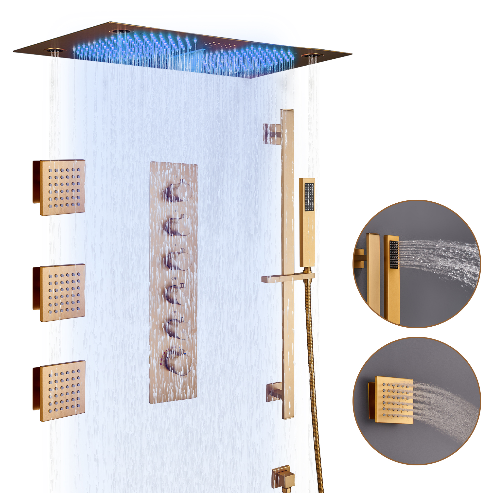27.6" x 15.7" Luxury Thermostatic Shower System with LED Rainfall & Waterfall
