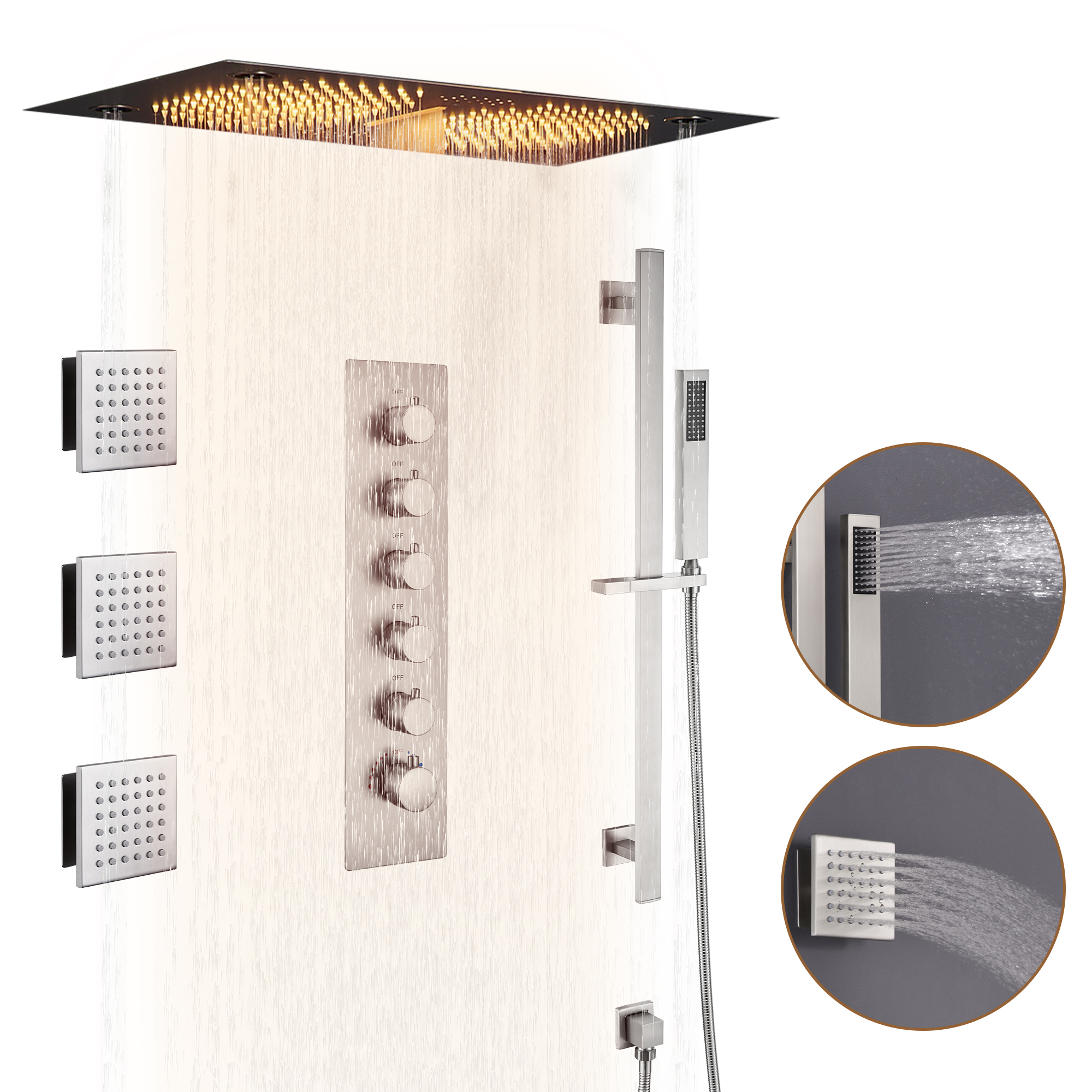 27.6" x 15.7" Luxury Thermostatic Shower System with LED Rainfall & Waterfall