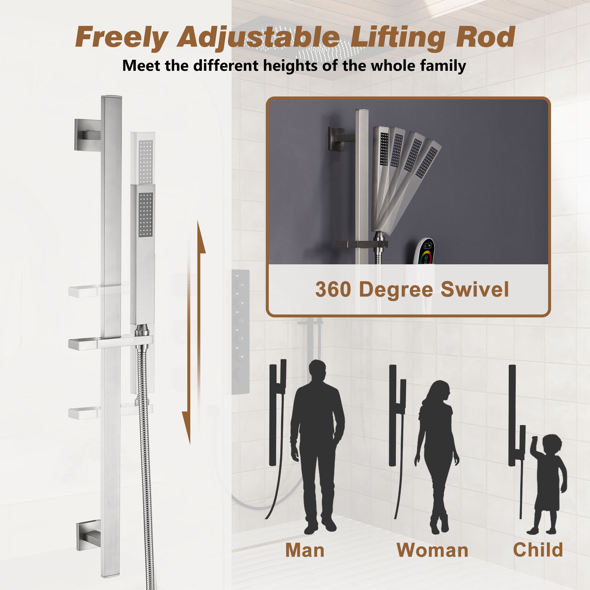 27.6" x 15.7" Luxury Thermostatic Shower System with LED Rainfall & Waterfall
