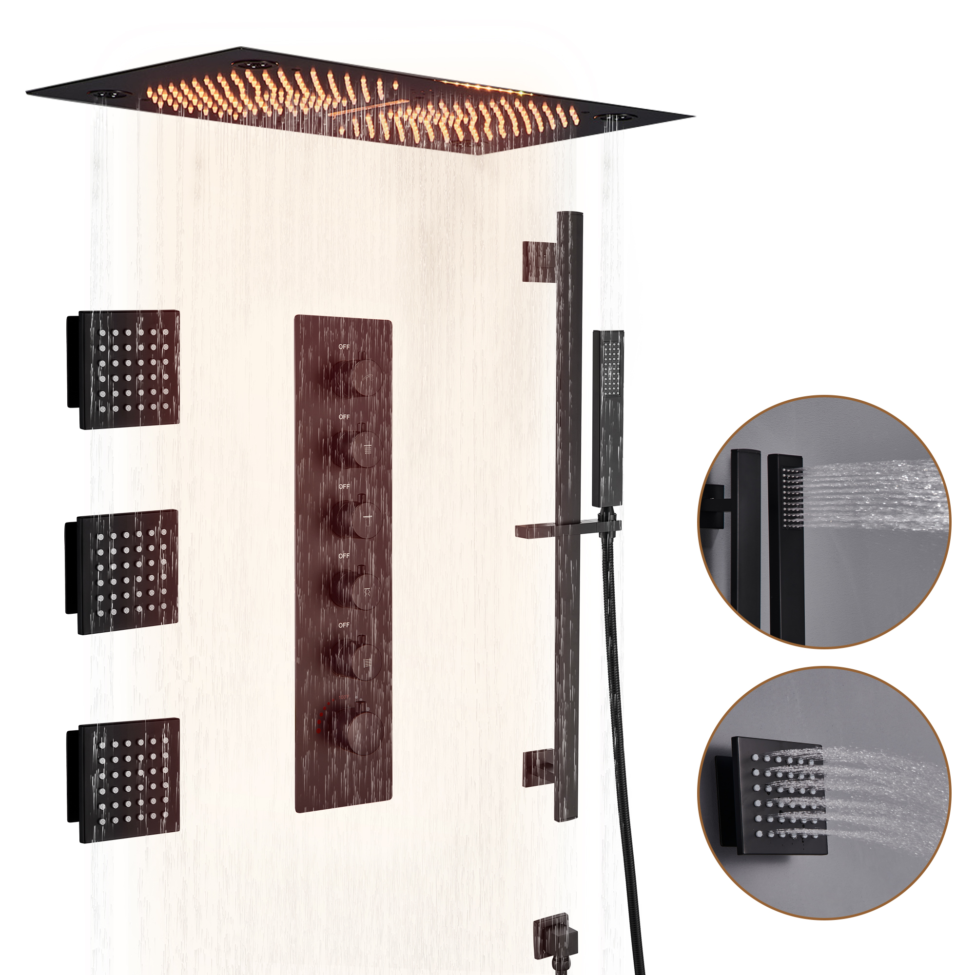 27.6" x 15.7" Luxury Thermostatic Shower System with LED Rainfall & Waterfall