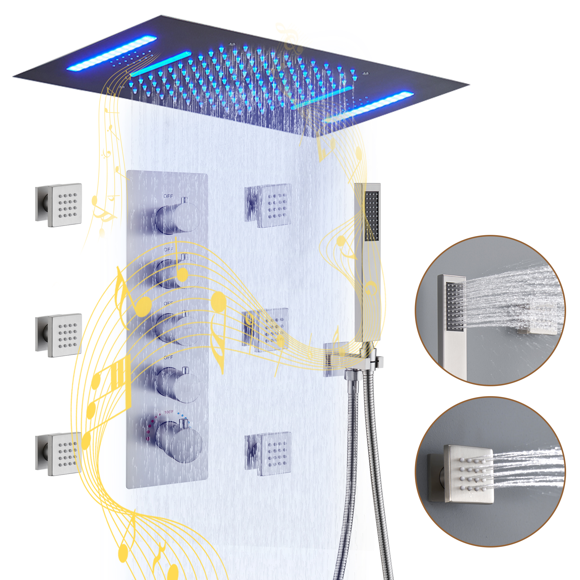 Deluxe 4-Function Thermostatic Shower System with LED Lighting & Bluetooth Music 